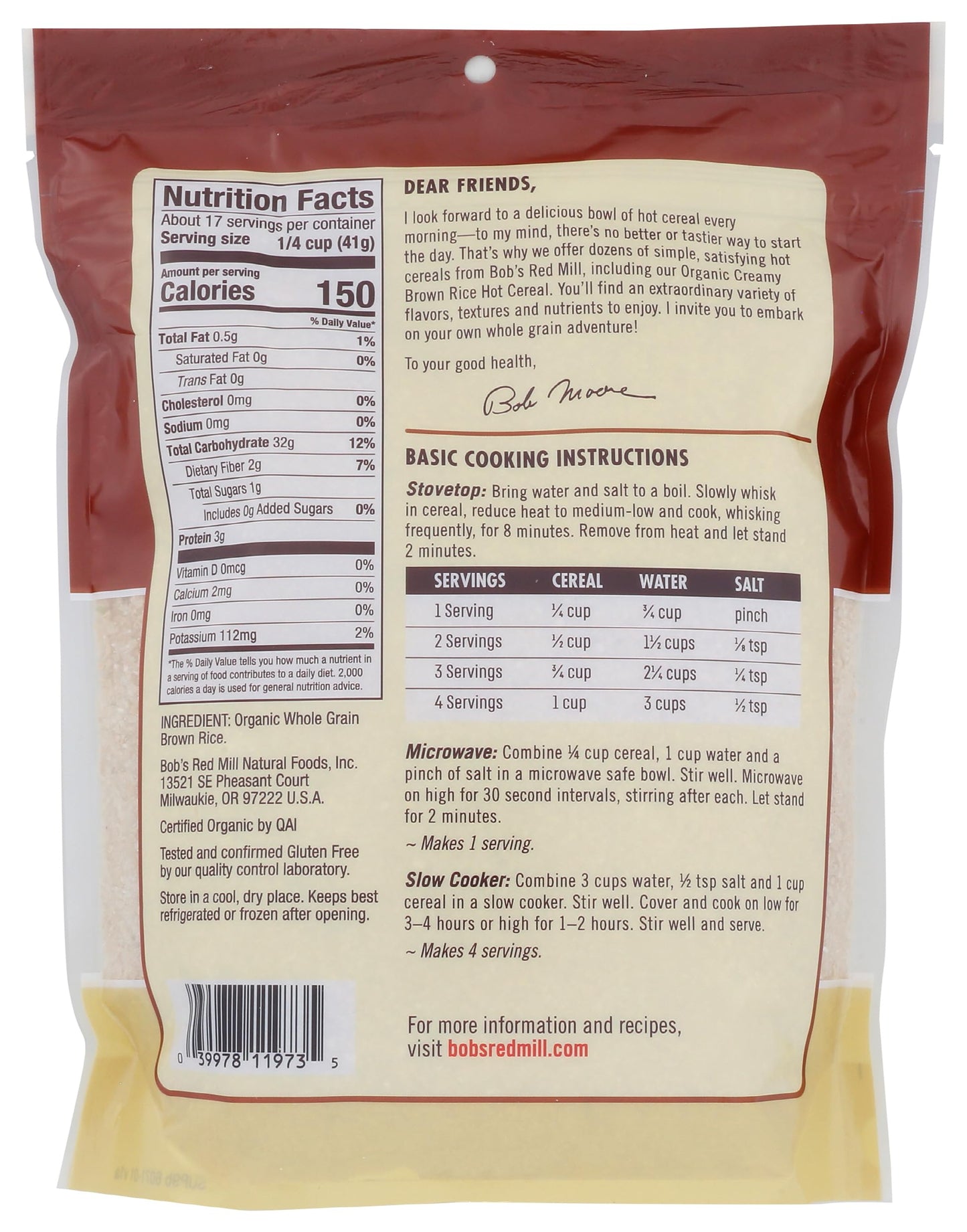 Bobs Red Mill Organic Brown Rice Hot Cereal, 24oz (Pack of 1) - Non GMO, Whole Grain, Vegan, Kosher