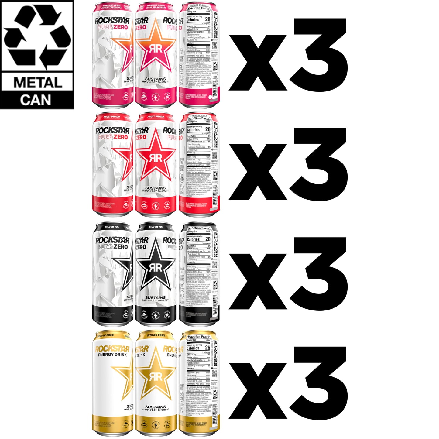 Rockstar Pure Zero Energy Drink Variety Pack, 0 Sugar, Caffeine, 16oz Cans, Assorted Flavors, 12 Pack