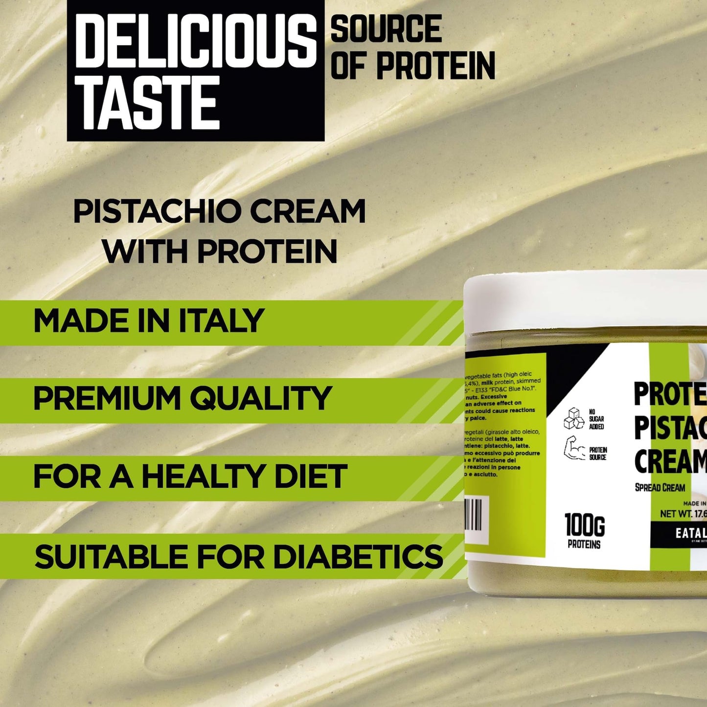 Eatalian By Amz Better Protein Cream, 17.63 Oz/ 500 Gr, Pistachio Paste With 94 G Of Proteins, Made In Italy, Sweet And Unique,