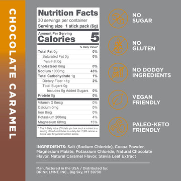 Drink LMNT Zero Sugar Hot Chocolate & Coffee Mixer - Chocolate Caramel Salt - 30 Count - Model 850009273697