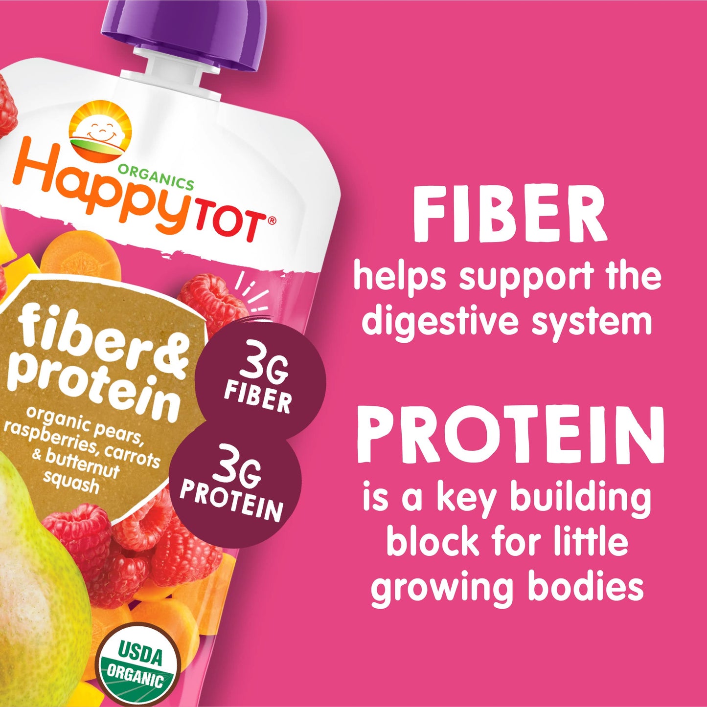 Happy Tot Organics Stage 4 Baby Food Pouches, Gluten Free, Vegan Snack, Fiber & Protein Fruit & Veggie Puree, Pears, Raspberries, Butternut Squash & Carrots, 4 Ounce(Pack Of 16)