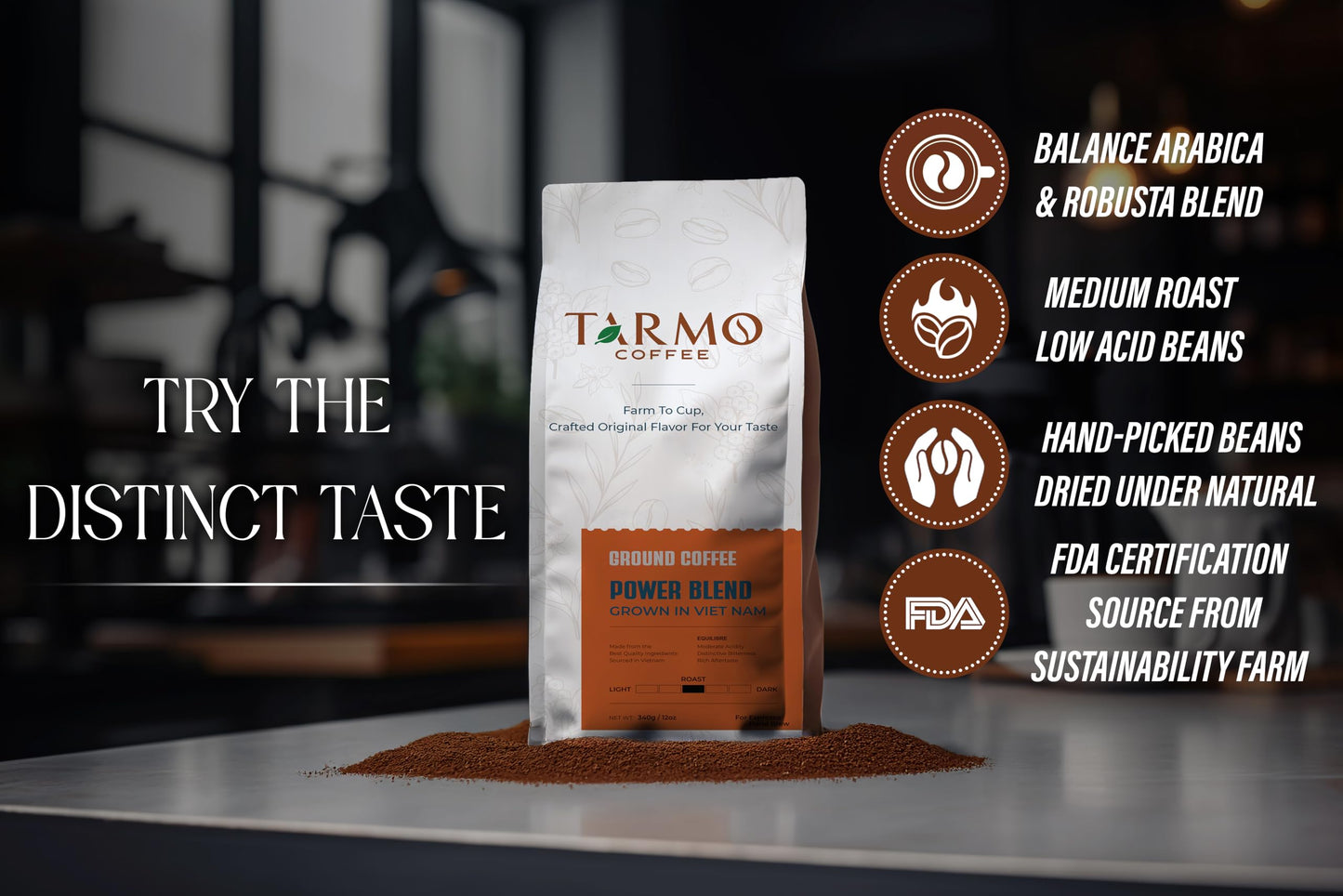 TARMO COFFEE Power Blend Low Acid Ground Coffee, Medium Roast, 12 Oz Bag, Premium Arabica & Robusta Blend