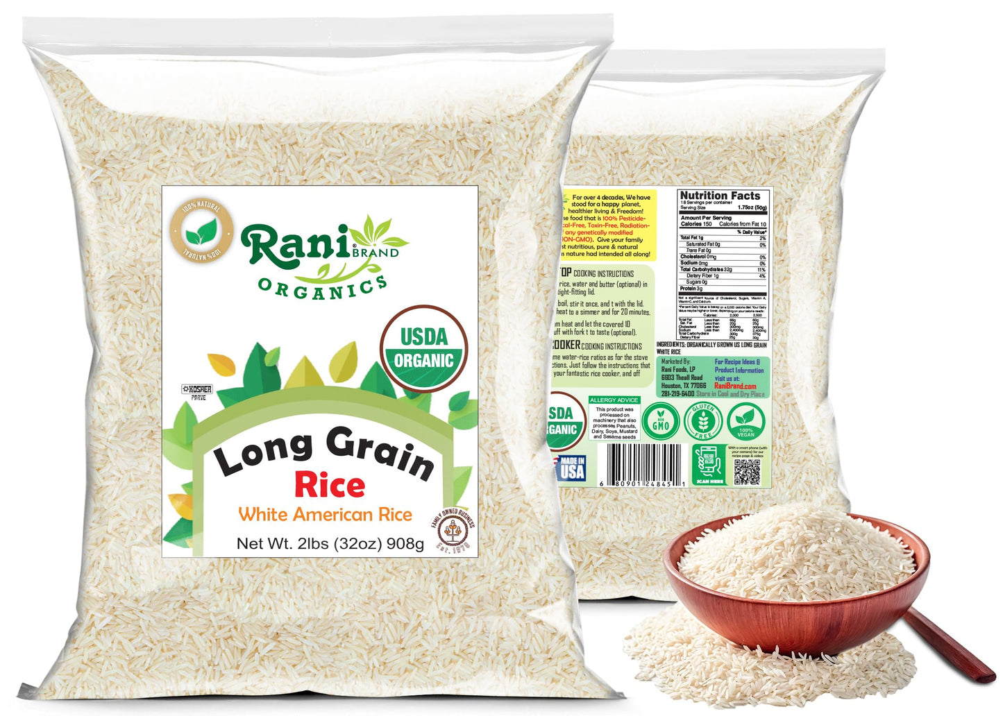 Rani Organic Long Grain White Rice 32Oz (2Lbs) 908G ~ All Natural | Gluten Friendly | Vegan | Non-Gmo | Kosher | Product Of Usa