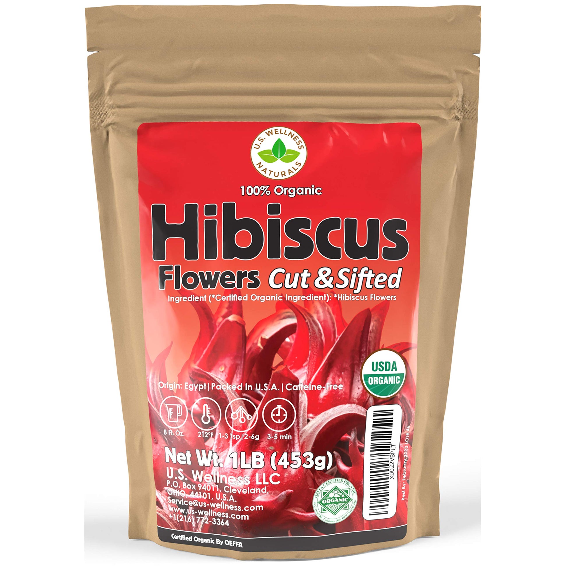 U.S. Wellness Naturals Hibiscus Tea - 100% Organic, Caffeine-Free, 16oz Bulk Resealable Bag