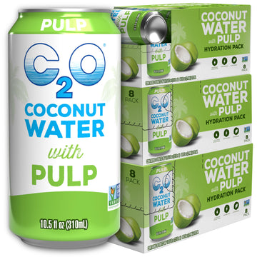 C2O Coconut Water with Pulp - 24 Cans, 10.5 FL OZ - Plant Based, Non-GMO, Natural Hydration, Essential Electrolytes
