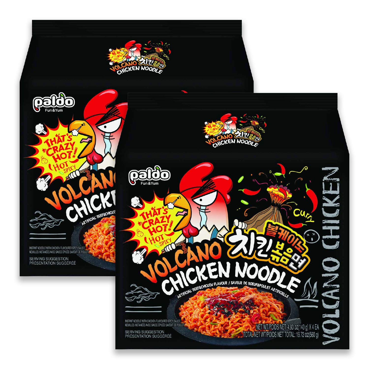 Paldo Fun & Yum Volcano Extremely Hot & Spicy Stir Fried Chicken Instant Noodles, Pack Of 8, Soupless Original Korean Ramyun, Sp
