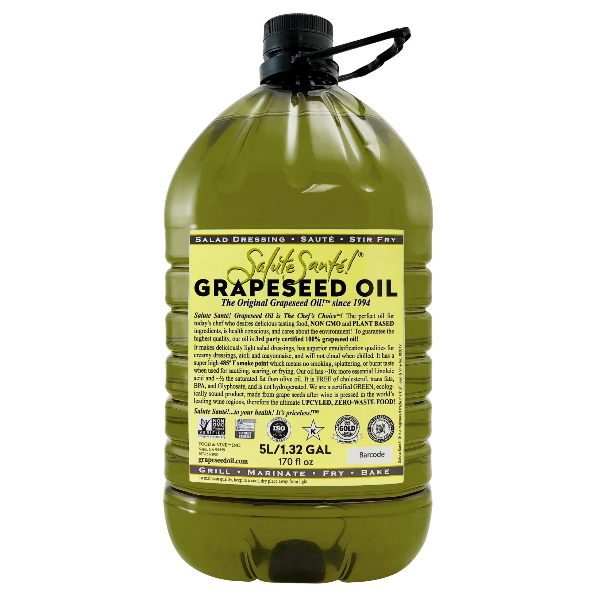 Salute Santé! Grapeseed Oil – Cold Pressed Non-GMO Vegan Cooking Oil – 170 Fl Oz Jug – Heart-Healthy Culinary Essential