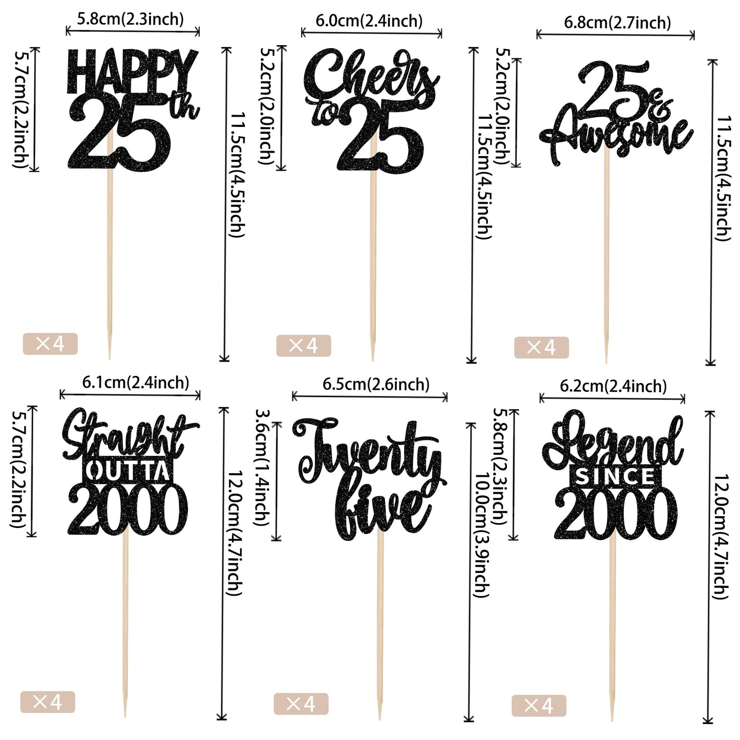 24Pcs Black Happy 25Th Birthday Cupcake Toppers Twenty Five Straight Outta 2000 Cupcake Picks Cheers To 25 Lengend Since 2000 Ca