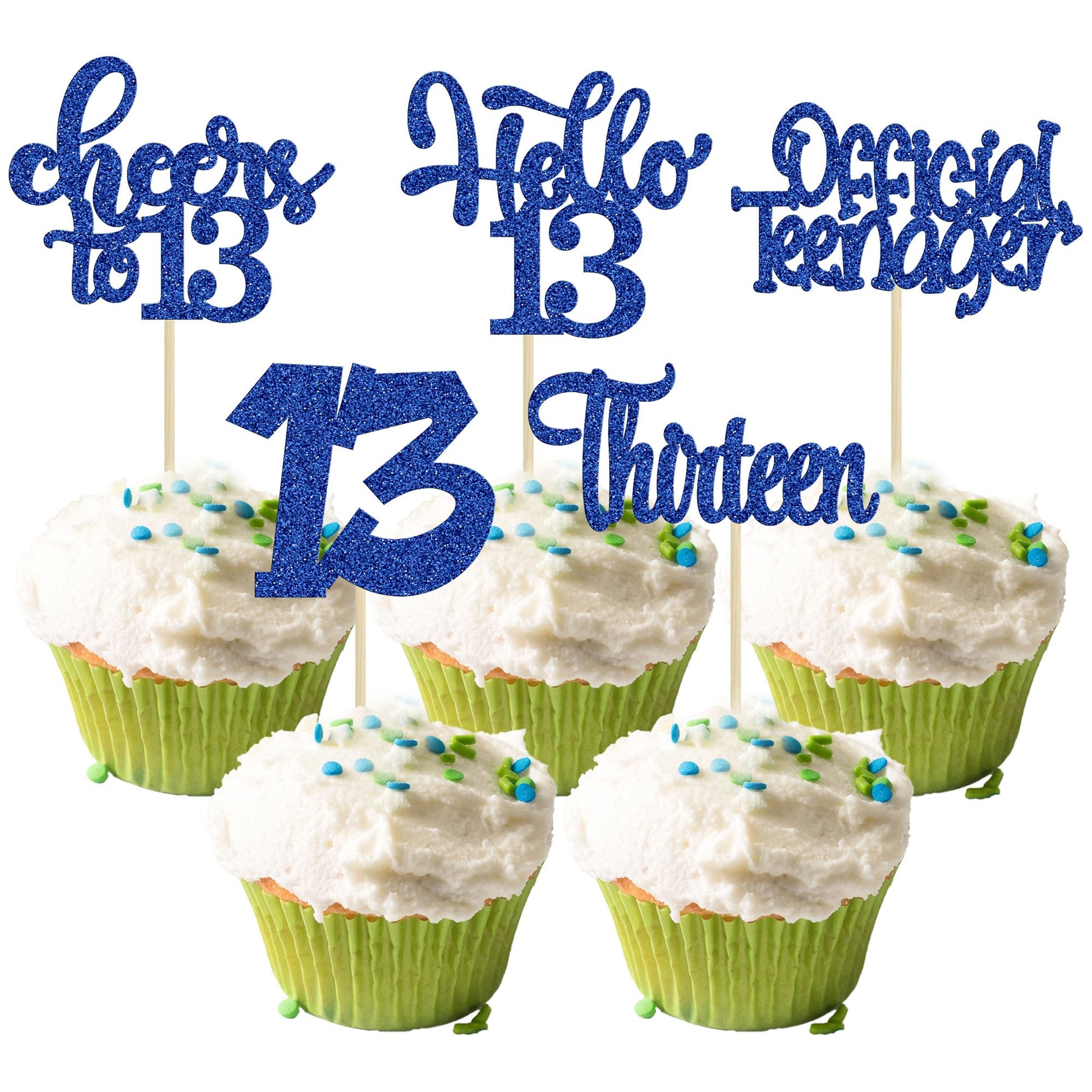 Gyufise Cupcake Toppers 30Pcs Deep Blue Glitter Paper for 13th Birthday Party Decorations