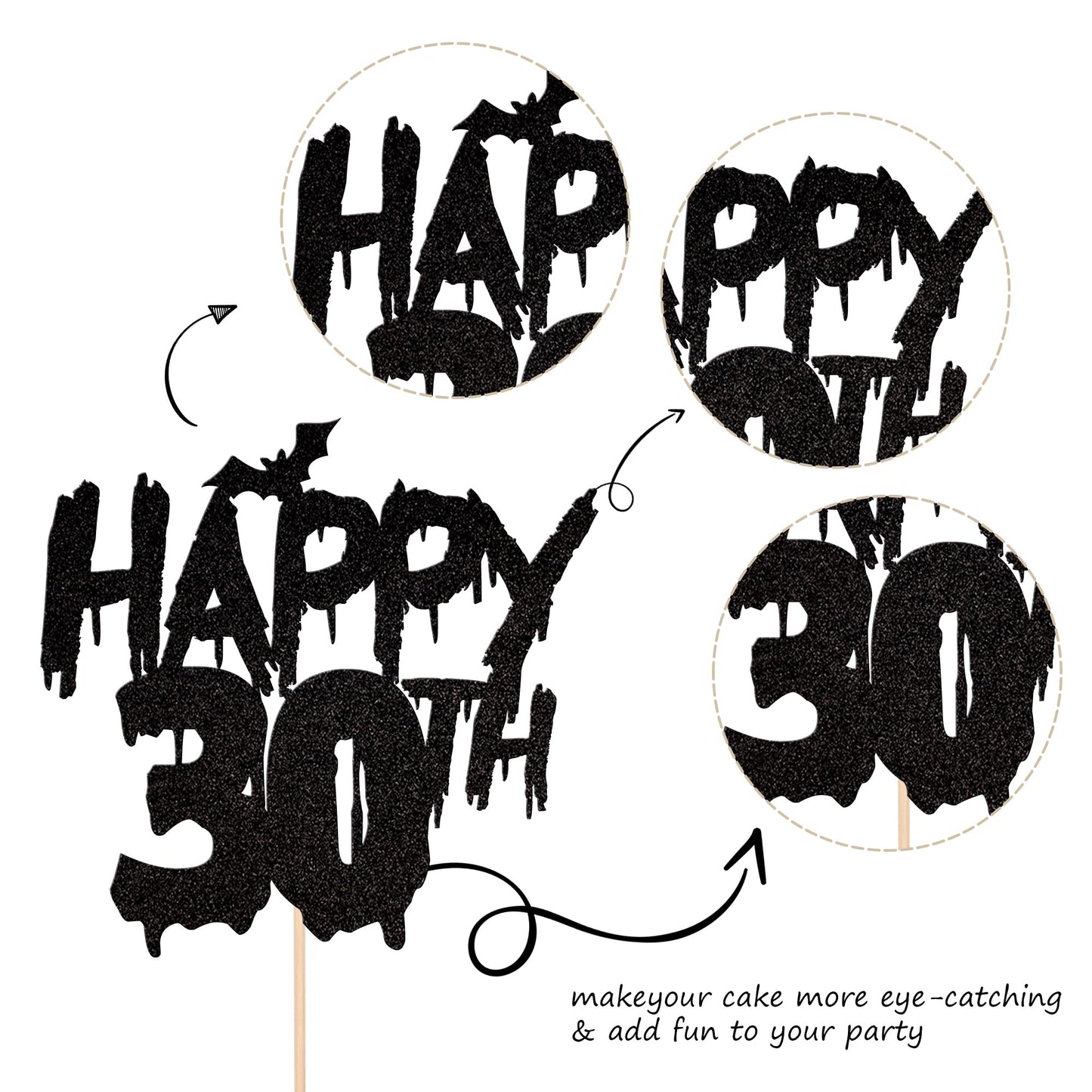 1 Pcs Halloween Theme Happy 30Th Birthday Cake Topper Glitter Cheers To 30 Years Bat Halloween Cake Pick For Halloween Happy 30T