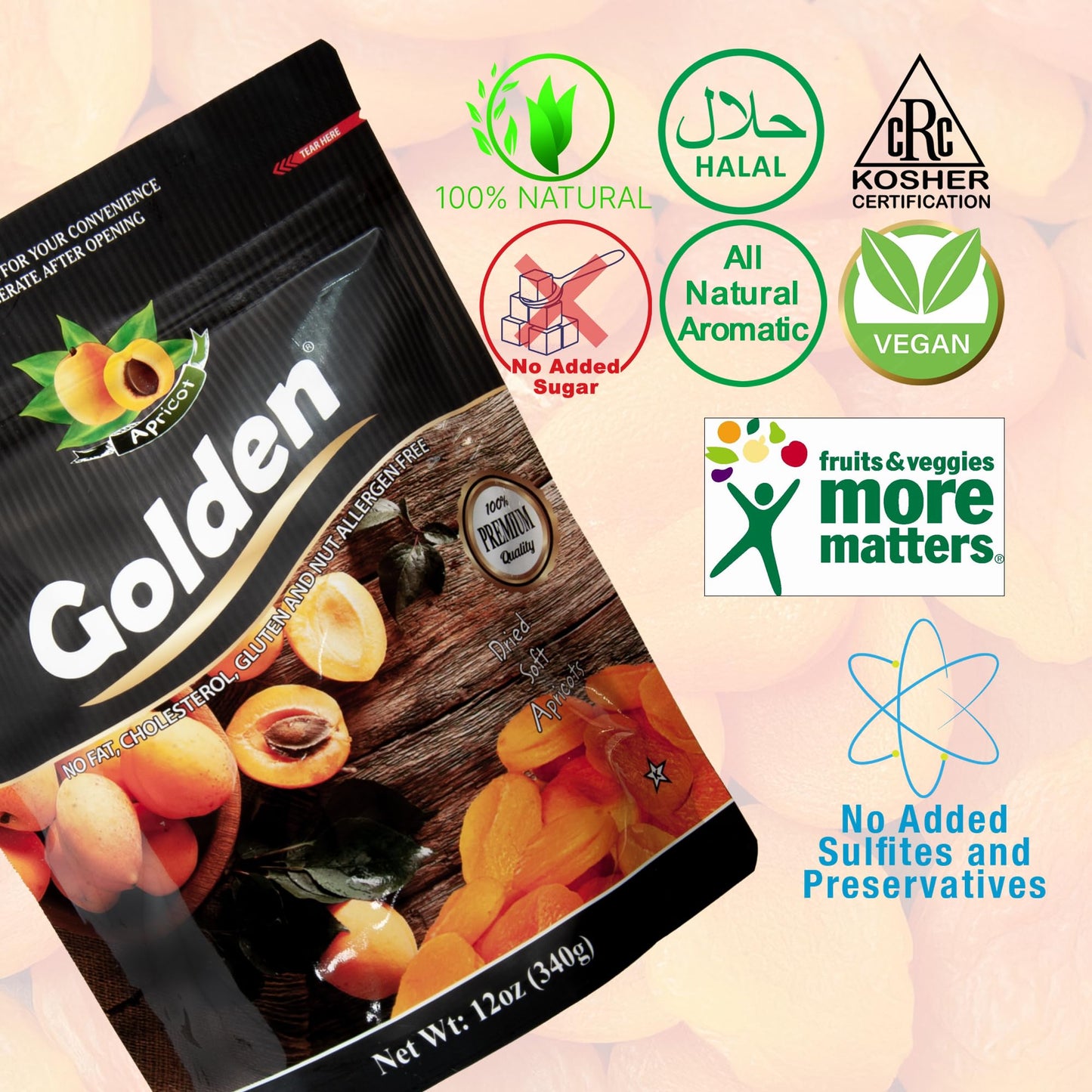 Golden Soft Dried Apricots - 12 Oz (340 G), No Sugar Added Dried Fruit, Healthy Snack For Adults And Kids, Completely Free From
