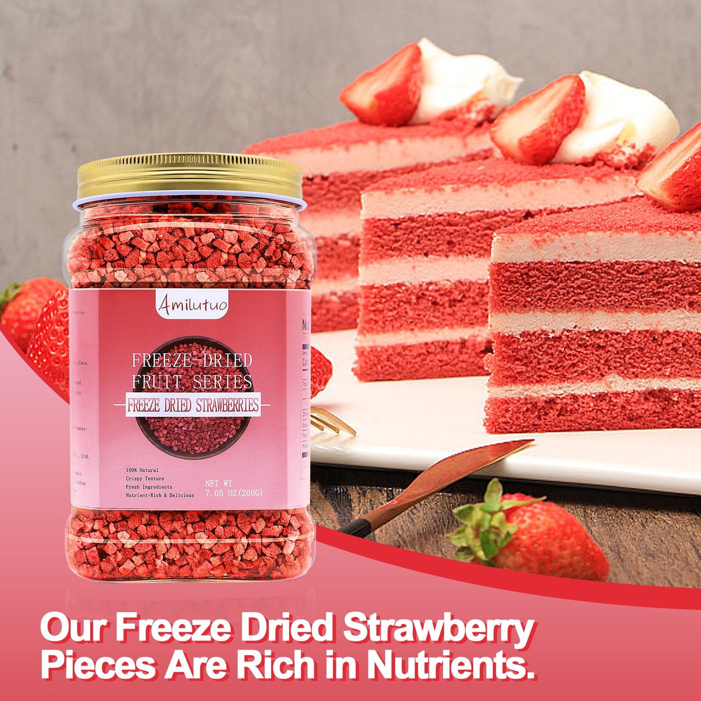 Amilutuo Freeze Dried Strawberries, 7.05OZ, Dehydrated Fruit for Yogurt, Smoothies, Snacks