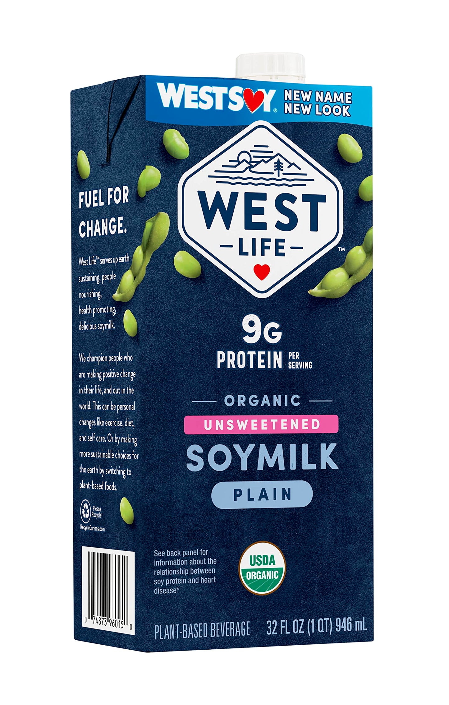 West Life Organic Soy Milk, Unsweetened Plain, Low Sugar, 9g of Protein, Vegan Dairy Alternative, Lactose-Free, Shelf Stable, 32