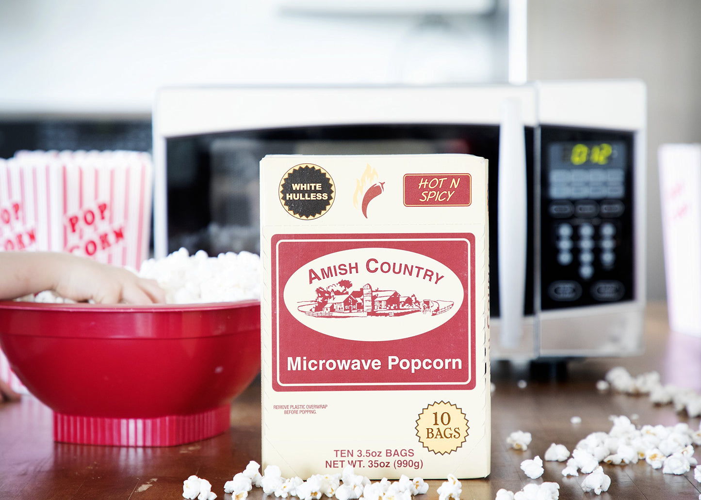Amish Country Popcorn | Old Fashioned Microwave Popcorn | 10 Bags Hot N Spicy White Hulless | Non-GMO, Gluten Free, Microwaveabl