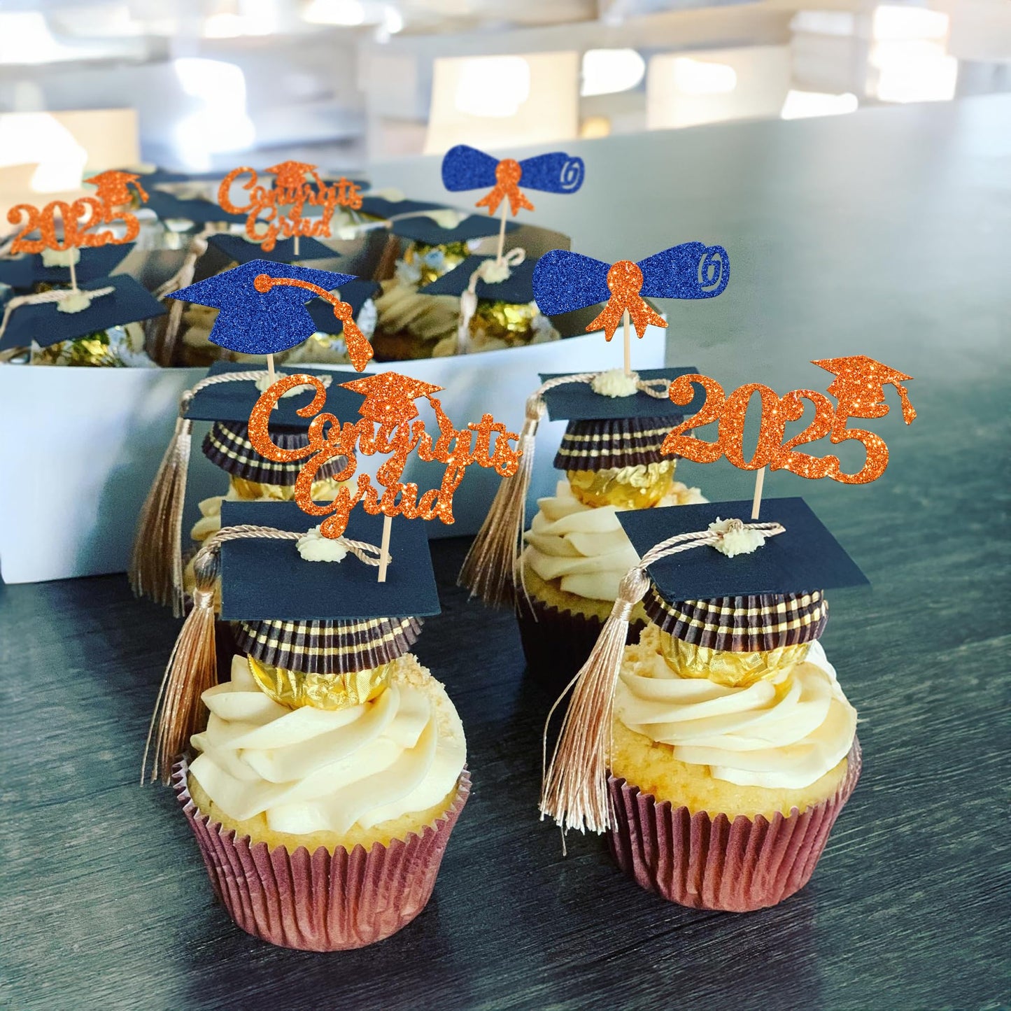 Gyufise 24Pcs Glitter 2025 Graduation Theme Cupcake Toppers Diploma Class Of 2025 Graduation Cap Cupcake Picks For Class Of 2025