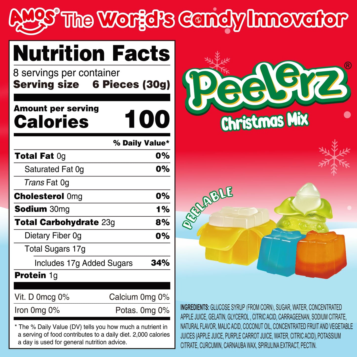 AMOS Peelerz Christmas Mix Peelable Gummy Candy 8.47oz (240g), Holiday Fruit Gummies Made with Real Fruit Juice, Fun Stocking St