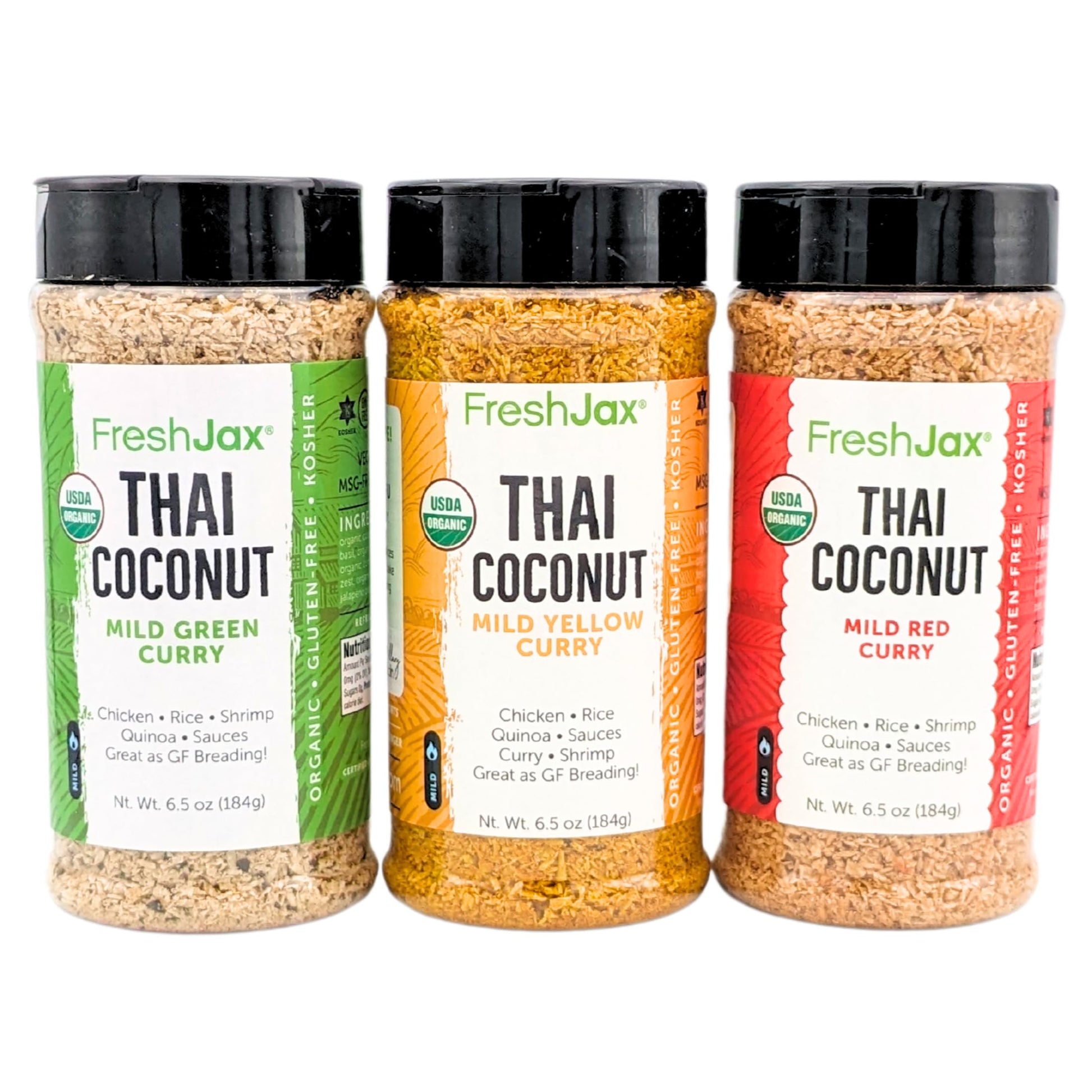 Freshjax Organic Thai Coconut Curry Powder - Red, Yellow And Green | 3 Extra Large 6.5 Oz Bottles | Non Gmo, Gluten Free, Keto, Paleo, Organic Curry Powder | Handcrafted In Jacksonville