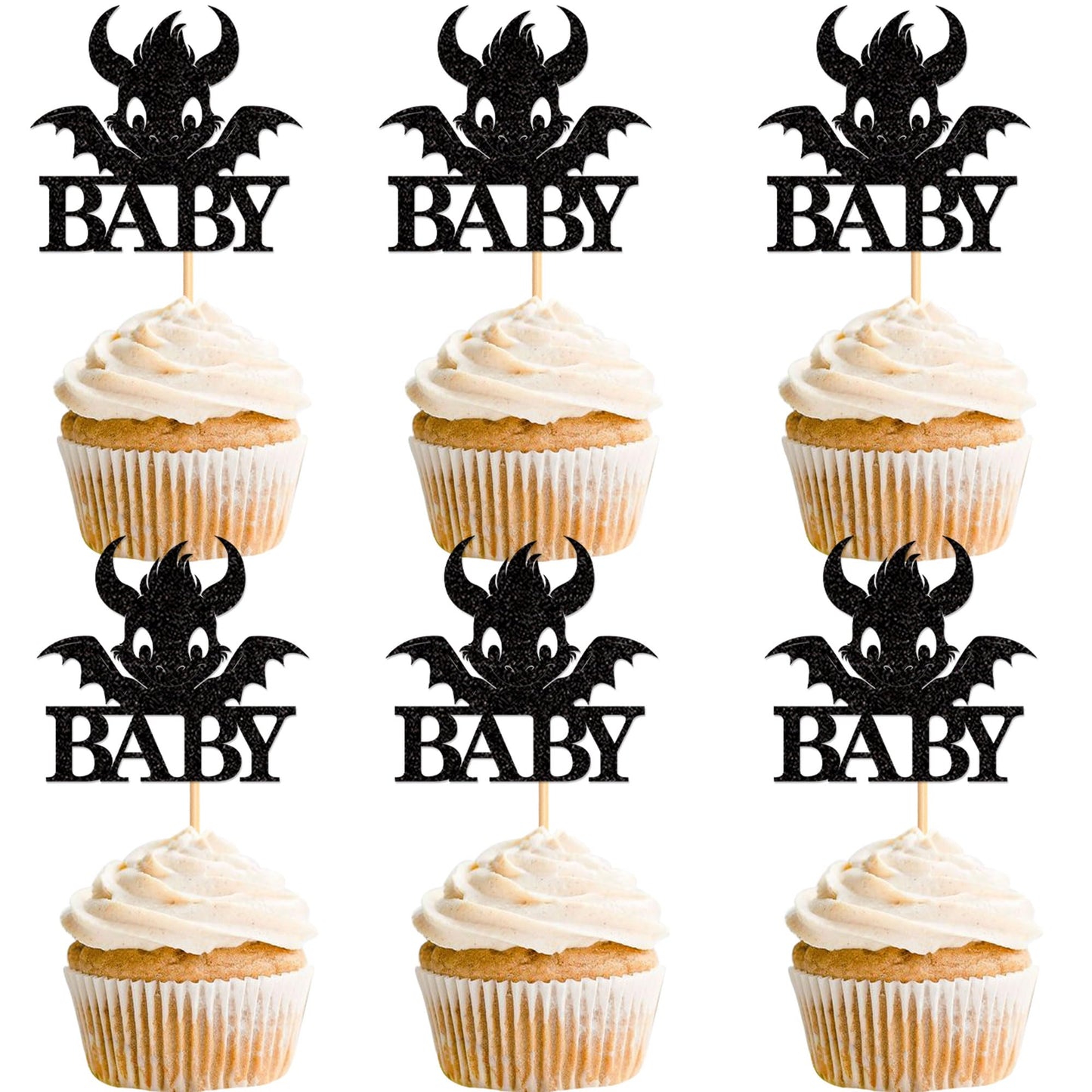 Ercadio 24 Pack Dragon Baby Cupcake Toppers Black Glitter Dragon Baby Cupcake Picks Cute Dinosaur Cupcake Topper Dragon Cupcake