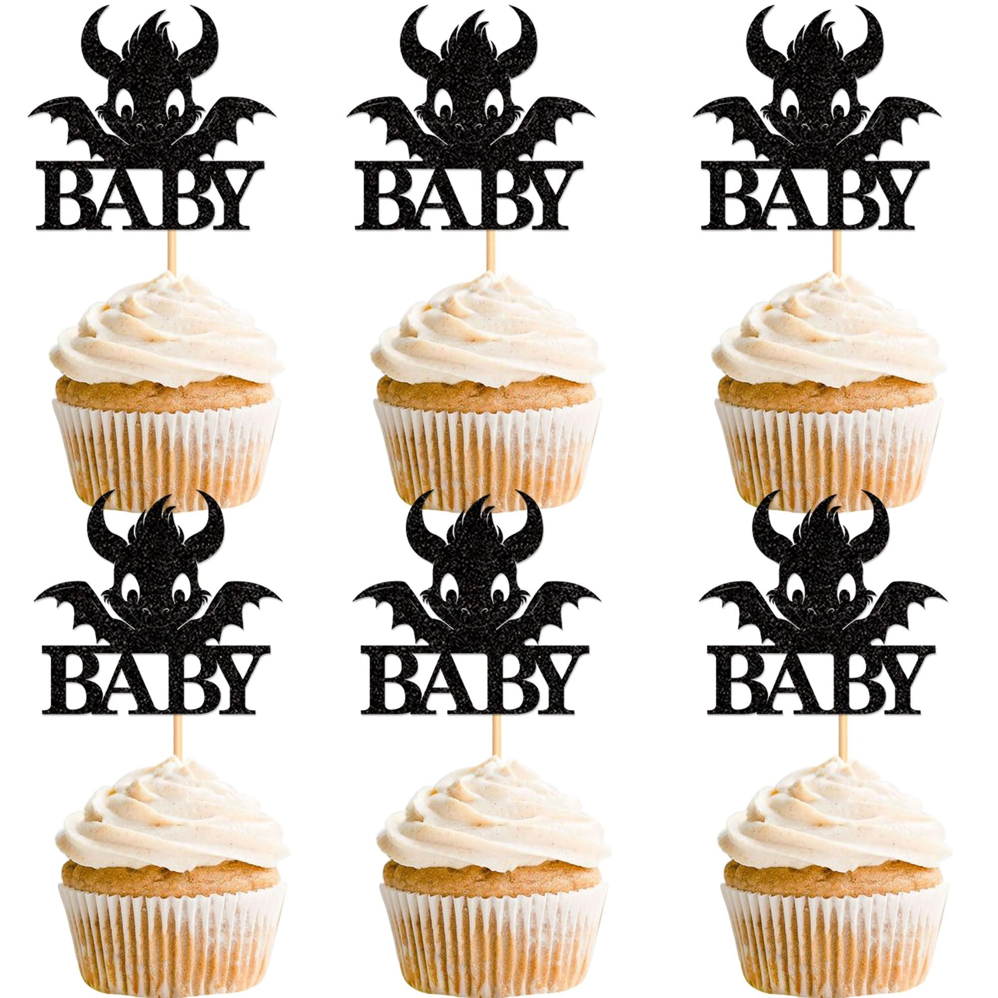 Ercadio 24 Pack Dragon Baby Cupcake Toppers Black Glitter Dragon Baby Cupcake Picks Cute Dinosaur Cupcake Topper Dragon Cupcake