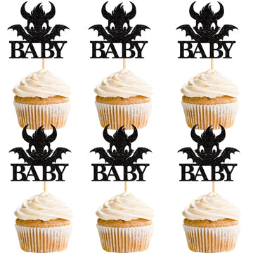 Ercadio 24 Pack Dragon Baby Cupcake Toppers Black Glitter Dragon Baby Cupcake Picks Cute Dinosaur Cupcake Topper Dragon Cupcake