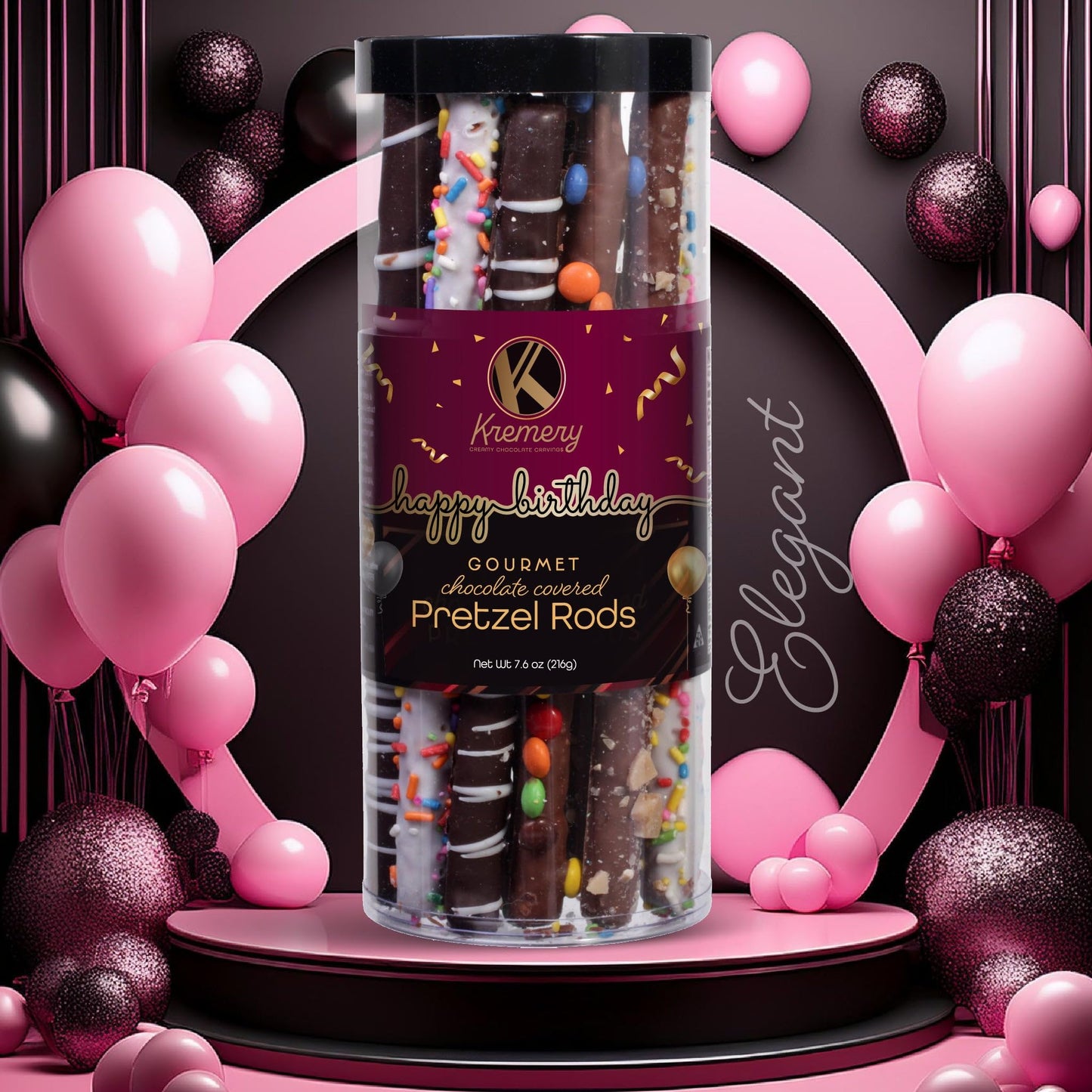 Kremery Creamy Chocolate Cravings - Birthday Treats, Chocolate Covered Pretzel Rods Gift Basket, In Clear Tube + Greeting Card (