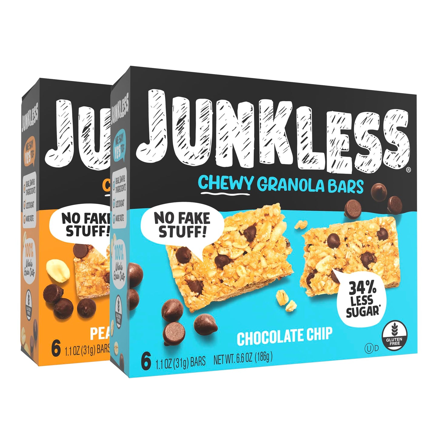 Junkless Chewy Granola Bars Twin Pack - Chocolate Chip & Peanut Butter - Gluten-Free, Less Sugar, 12 Bars - Brown