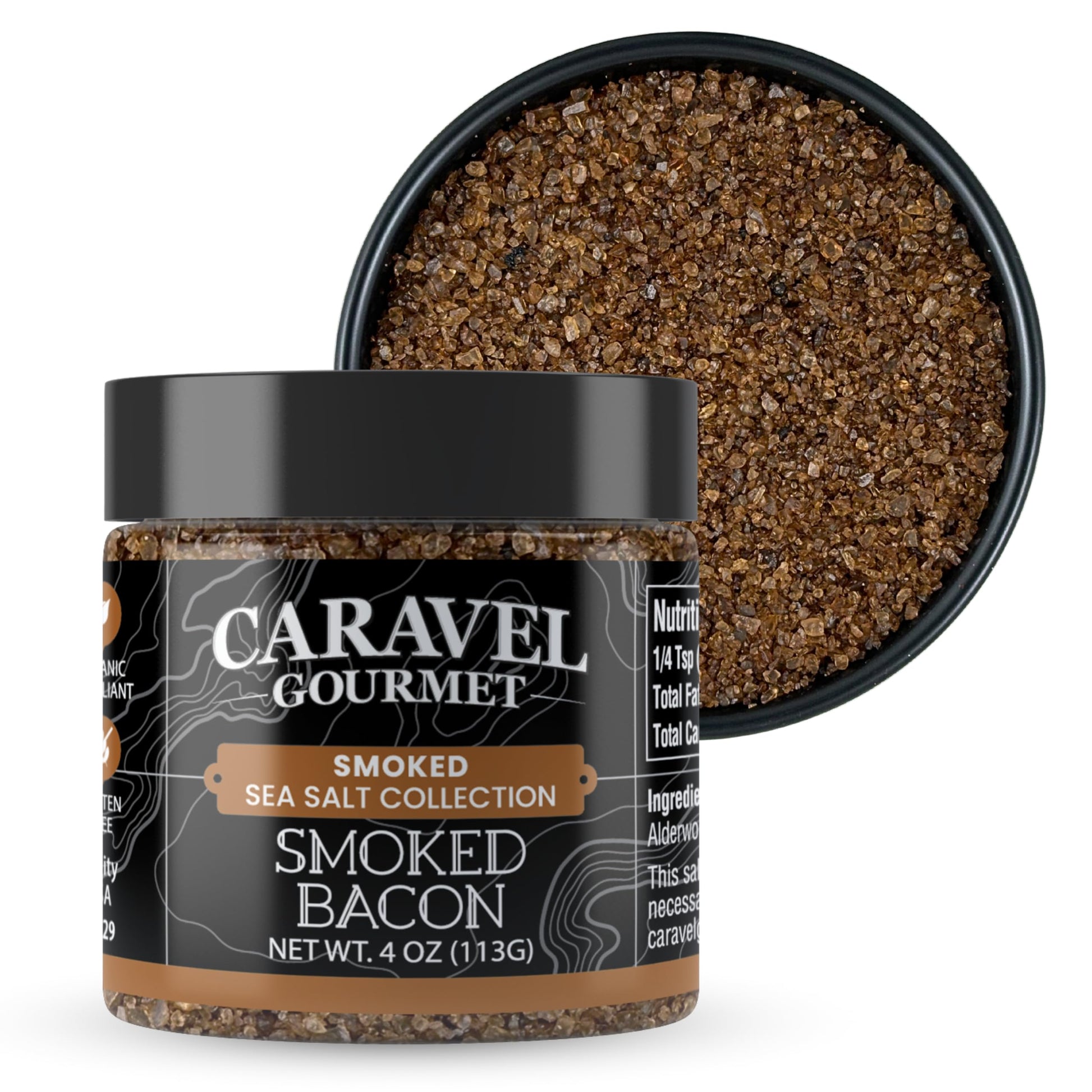 Caravel Gourmet Smoked Bacon Salt Seasoning - Alderwood Smoked Sea Salt - 4 oz. Stackable Jar