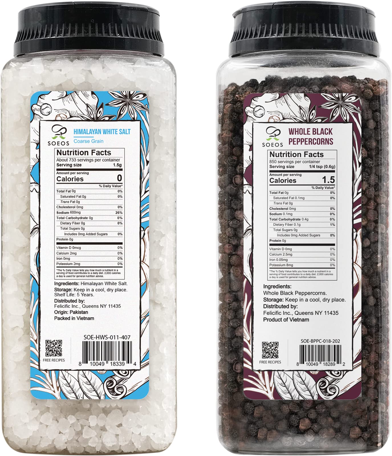 Soeos Himalayan Sea Salt, 39 oz (2.4 lb) + Whole Black Peppercorns, 18oz (1.1 lb) White Himalayan Salt Coarse Grain, Whole Black