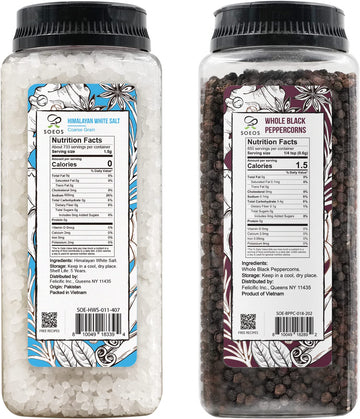 Soeos Himalayan Sea Salt, 39 oz (2.4 lb) + Whole Black Peppercorns, 18oz (1.1 lb) White Himalayan Salt Coarse Grain, Whole Black