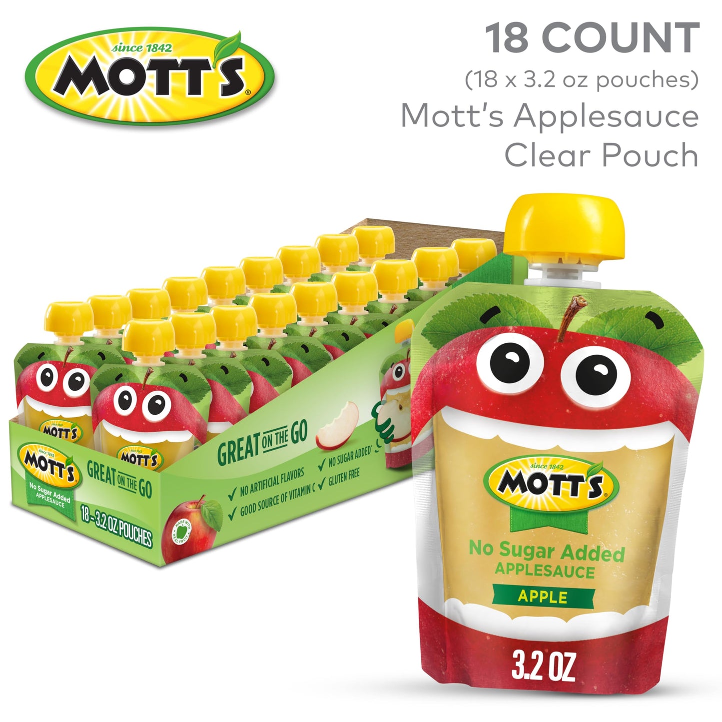 Motts No Sugar Added Applesauce, 18 Count Clear Pouches, 3.2 oz Each