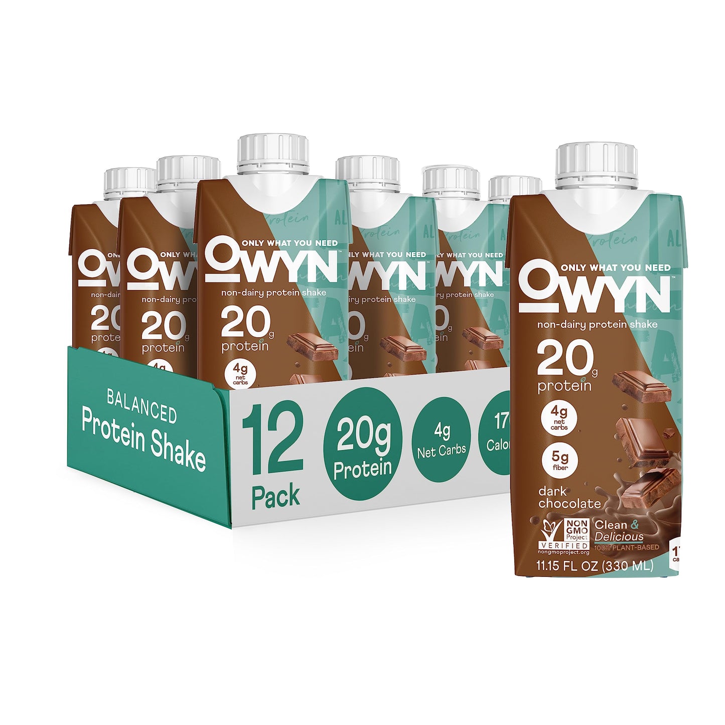 OWYN 20g Protein Shake, Chia Flax and Pea vegan protein blend with Prebiotics, Superfood Greens, gluten free, soy free. (Dark Ch