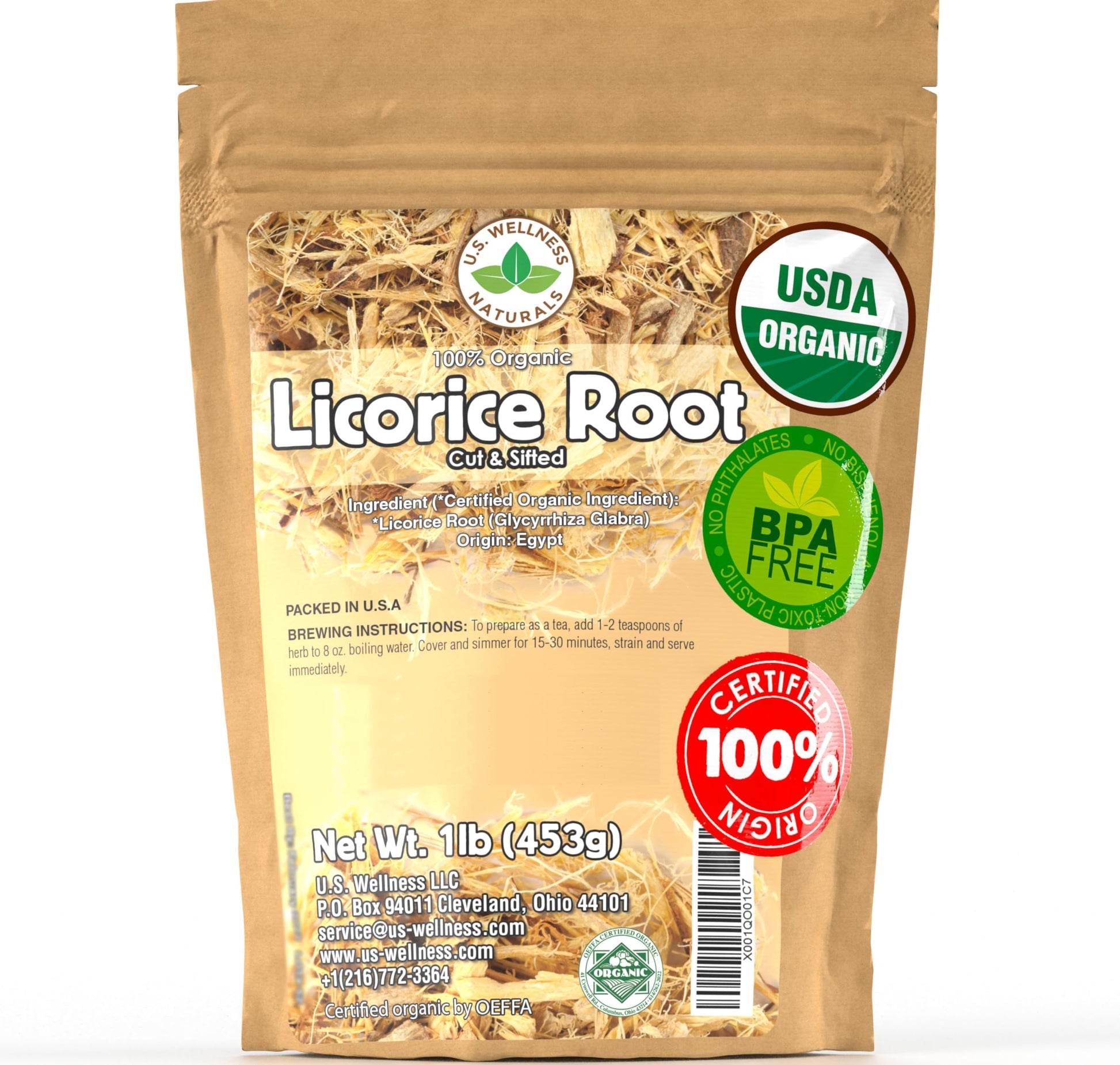 U.S. Wellness Naturals Licorice Root Tea 100% Organic Cut and Sifted 1LB Yellow