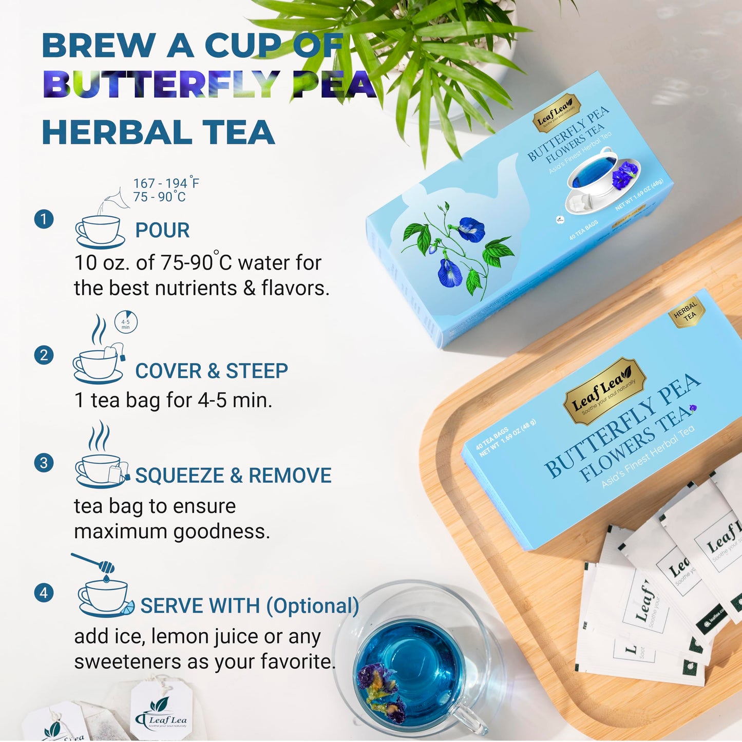 LeafLea Butterfly Pea Flower Tea Bags, Caffeine-Free Herbal Tea, 40 Count