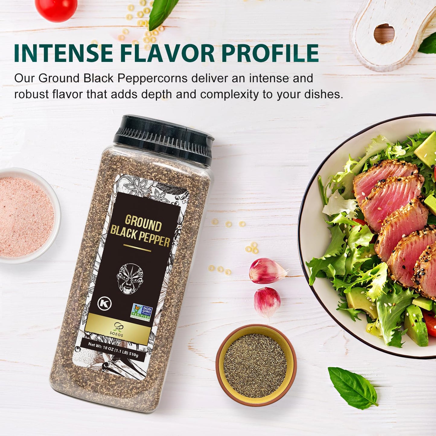 Soeos Himalayan Pink Salt Fine 39 oz + Ground Black Peppercorns 18 oz,Salt and Pepper for Grinder Refill