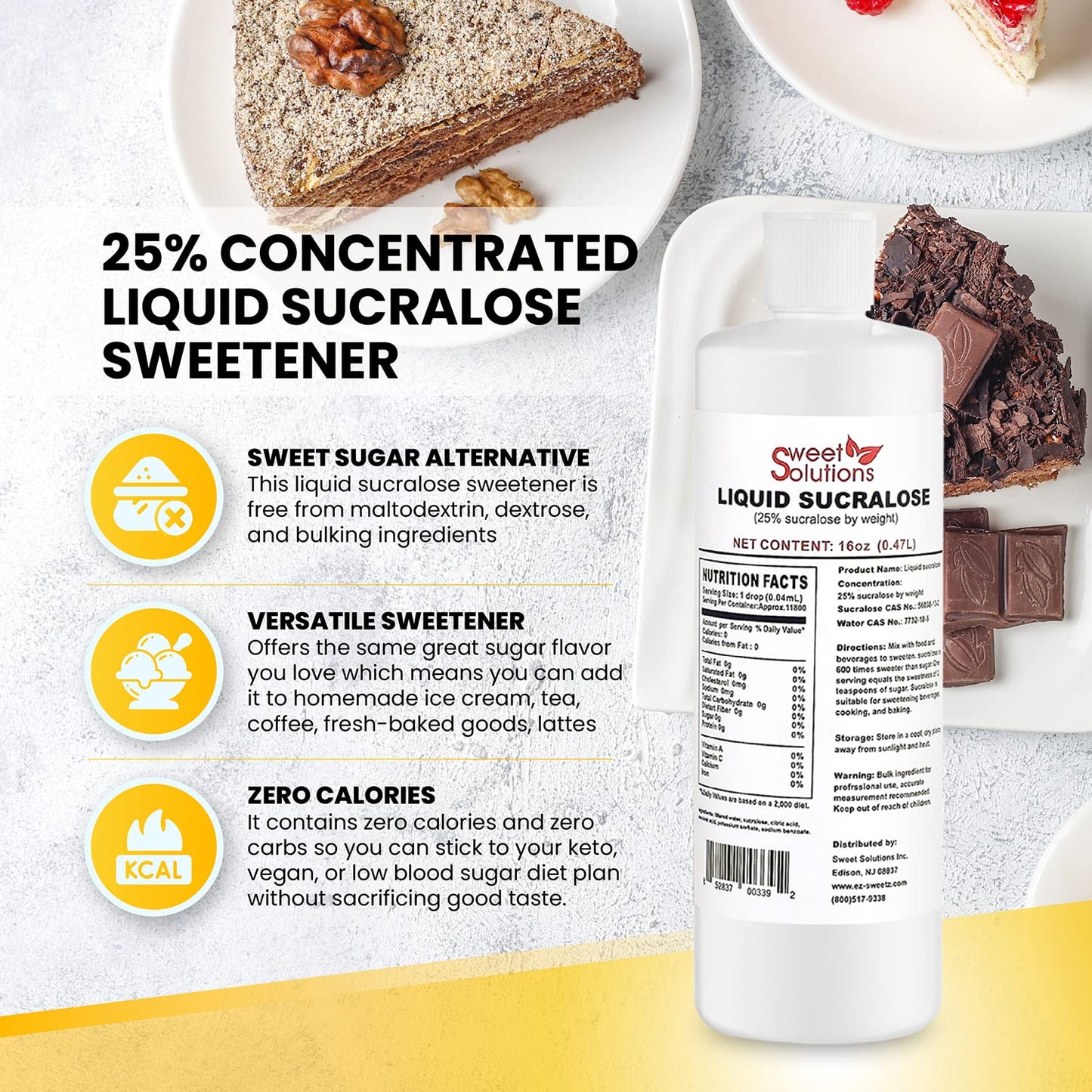 EZ-Sweetz Concentrated Liquid Sucralose Sweetener, 25% Sugar Alternative, 16 oz, Bulk for Drinks and Food, Zero Calories, 2-Pack