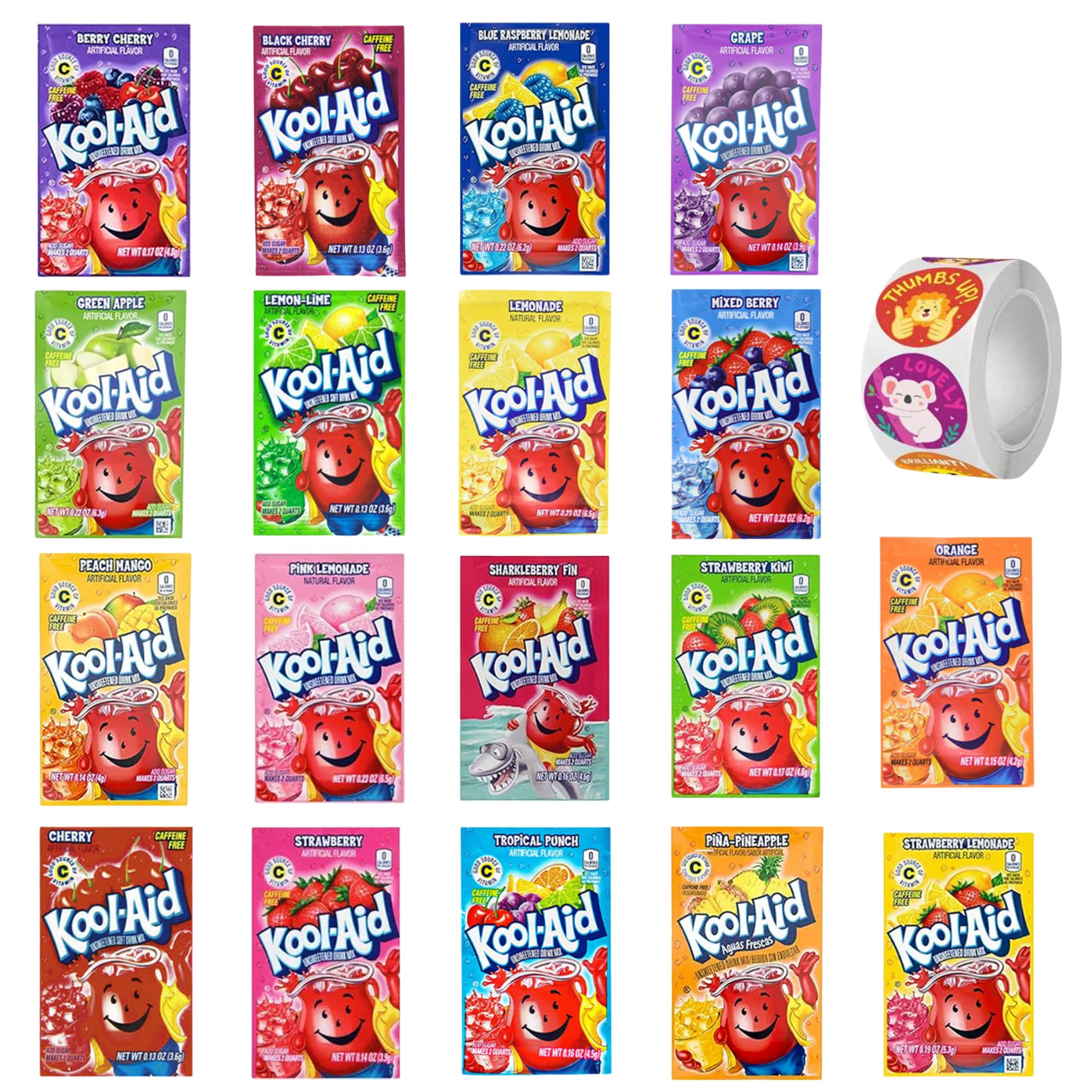 Kool Aid Packets Ultimate Variety - 18 Drink Mix Packets - Includes Cherry  Grape  Lemonade  Mixed Berry  Strawberry  Tropical Punch And More Plus 5 Stickers By D.F. Stylish