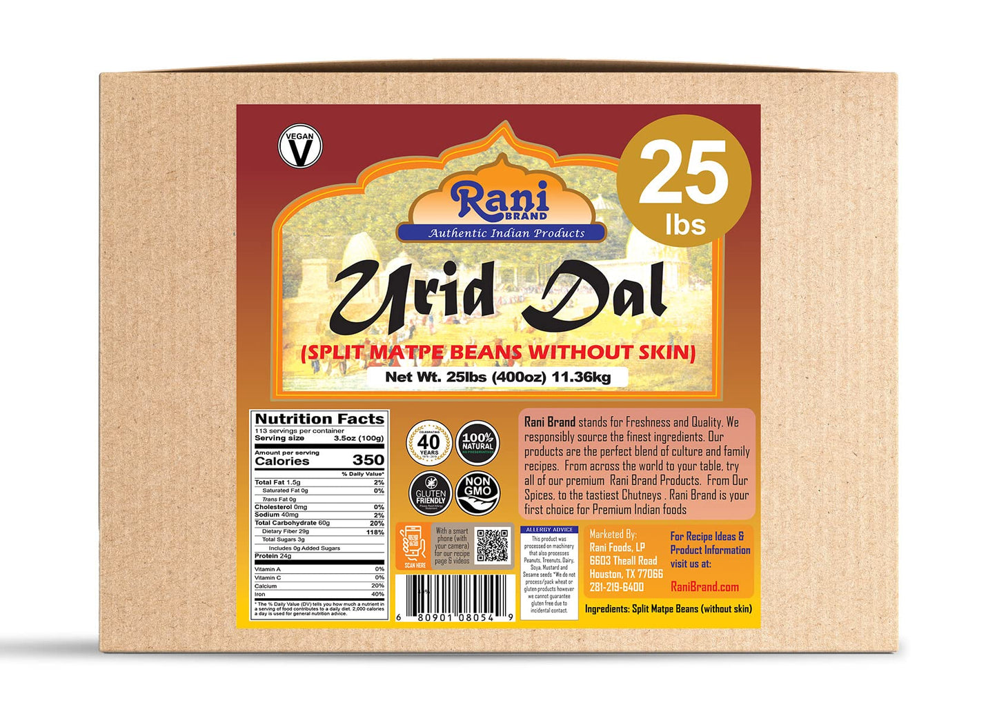 Rani Urid/Urad Dal (Split Matpe Beans Skinless) Indian Lentils 400Oz (25Lbs) 11.36Kg Bulk Box ~ All Natural | Gluten Friendly |