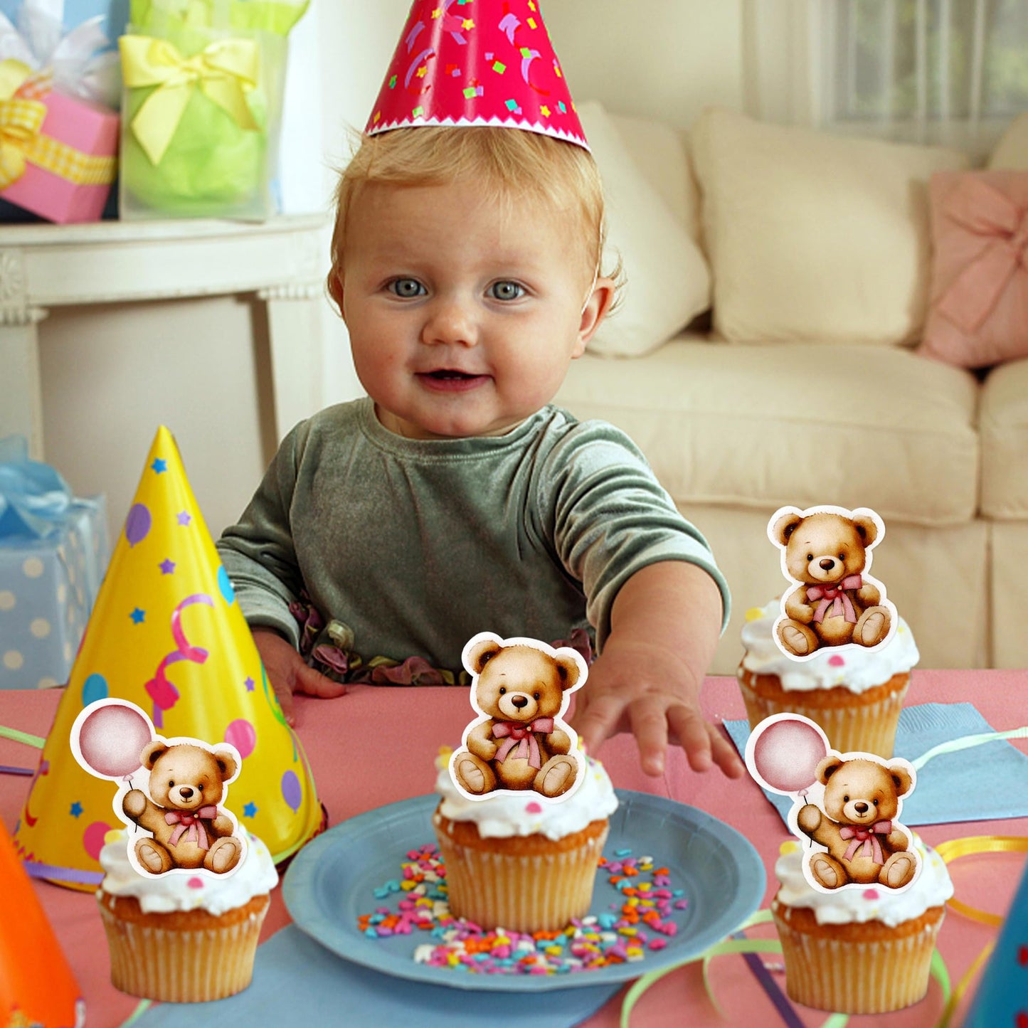 40 Pcs Edible Wafer Paper Baby Shower Bear Cupcake Toppers Drink Topper Selection Baby Bear Theme Baby Shower Decorative Supplie