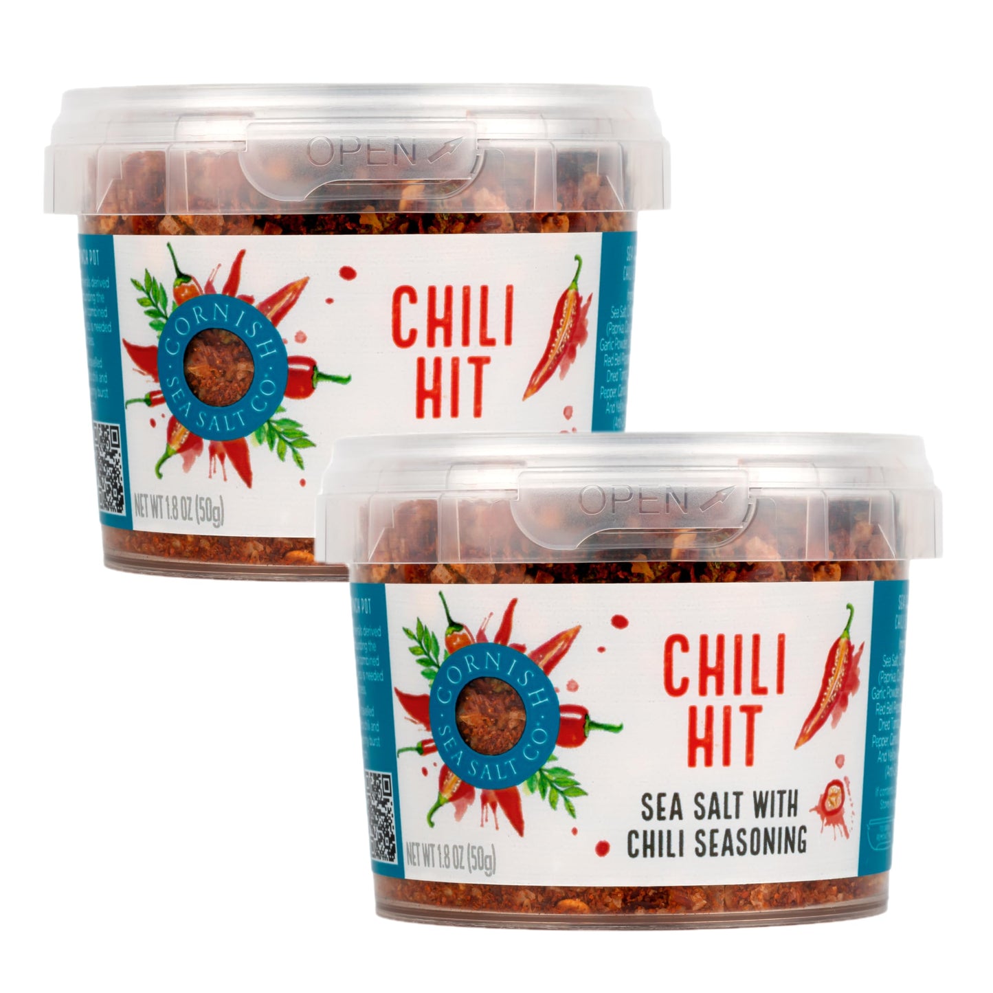 Cornish Sea Salt Chili Hit Seasoning - Hand-Harvested, 1.8 oz Resealable Tub, Pack of 2
