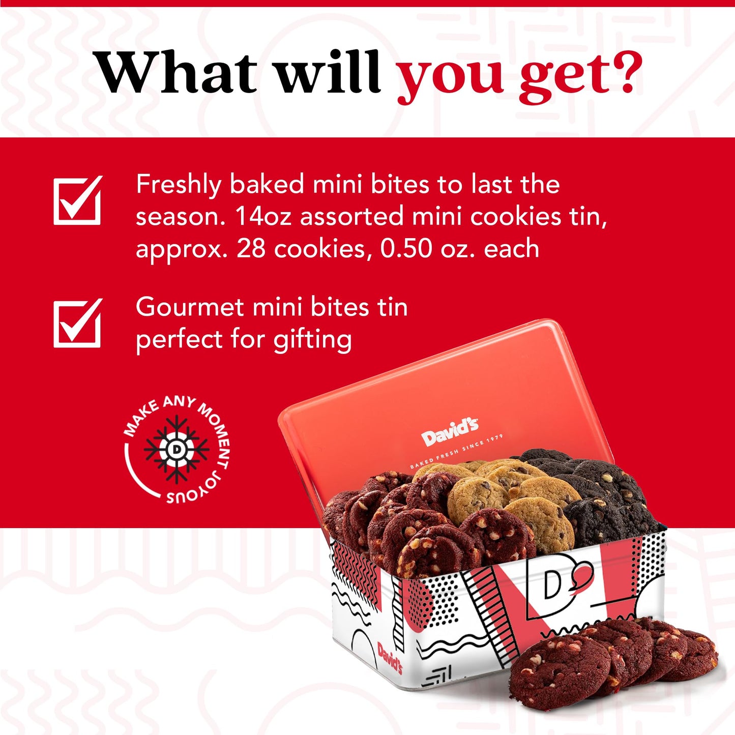 Davids Cookies Fresh-Baked Sweet Sampler Mini Bites Tin - 14oz Assorted Mini Cookies with Chocolate Chip, Chocolate & White Cho