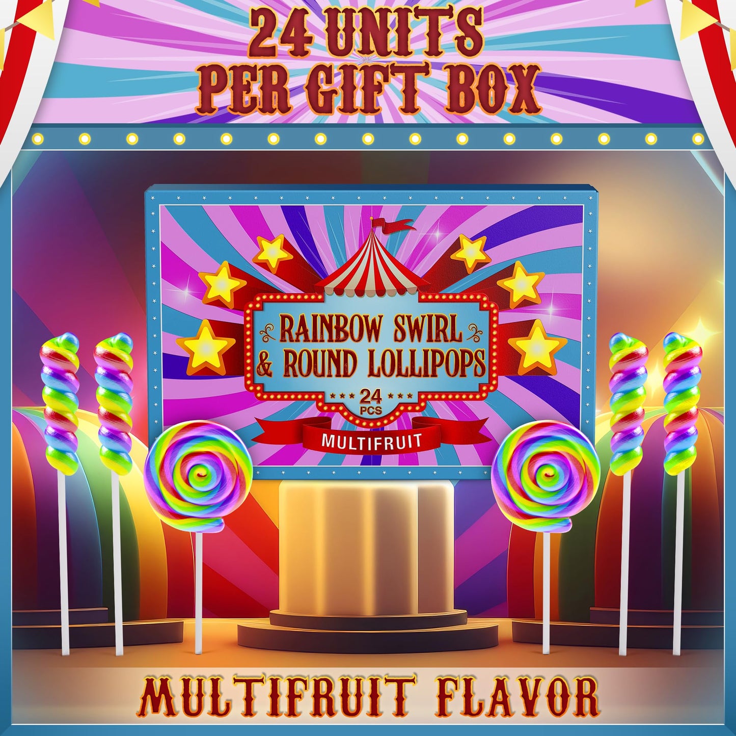 Primary Colors Candy Rainbow Swirl & Round Lollipops 24pk - Large Individually Wrapped Candy for Party Favors