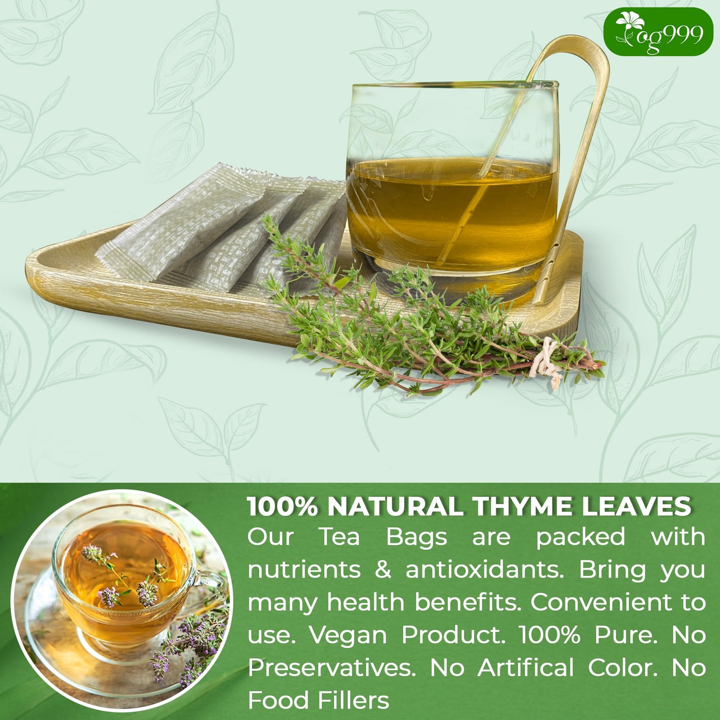 TOG999 Thyme Leaf Herbal Tea Bags, 100% Natural, Vegan, No Sugar, No Caffeine, 40 Bags