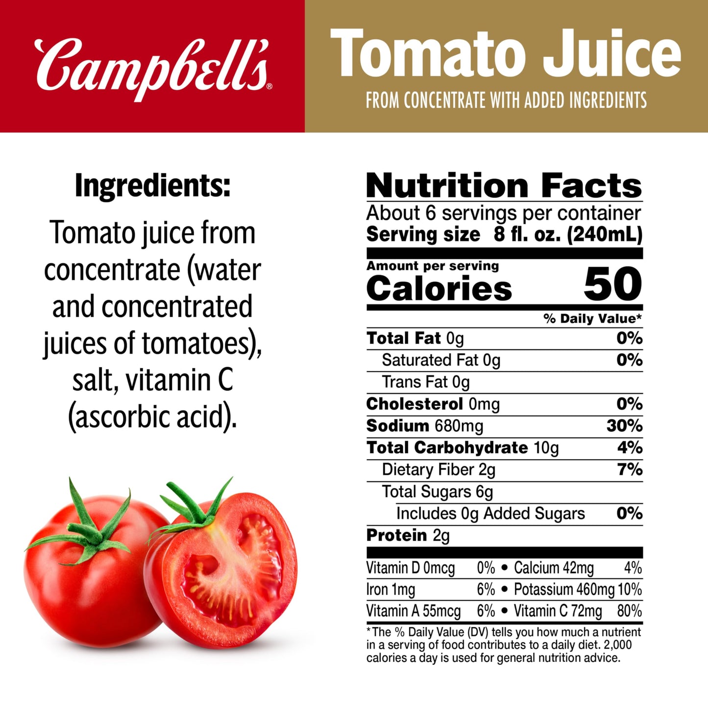 Campbells 100% Tomato Juice, 46 Fl Oz Can, Pack of 1