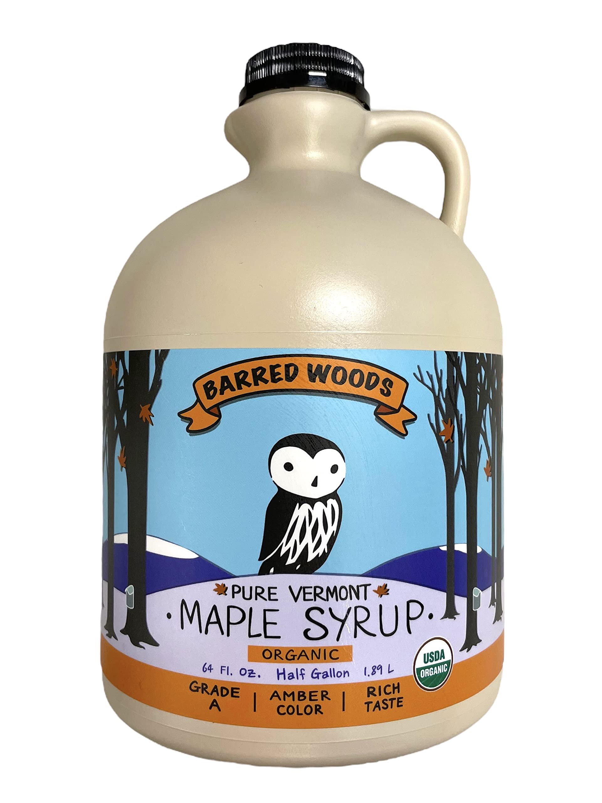 Barred Woods Maple - Half Gallon Jug Organic Pure Vermont Maple Syrup 64 Oz - Grade A Amber Rich