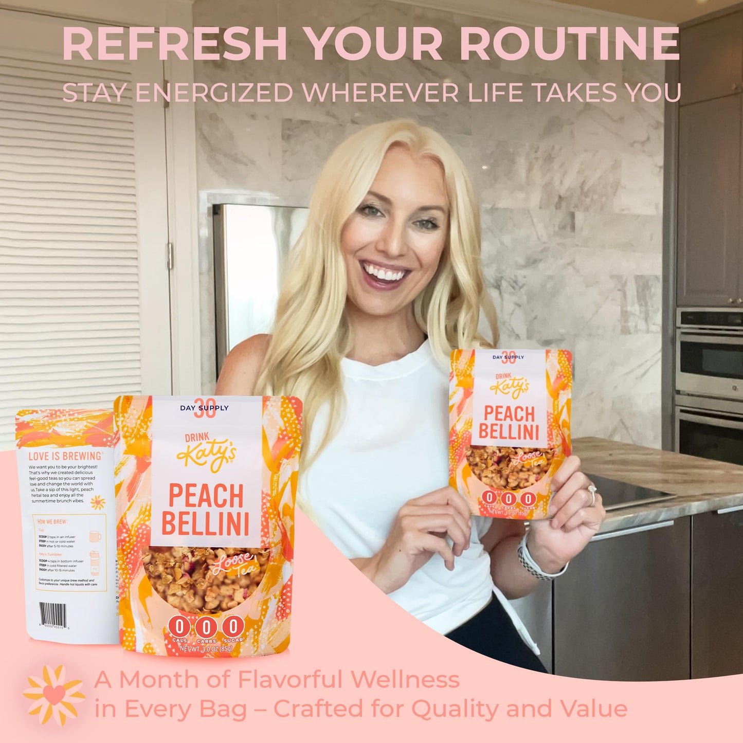 DRINK KATYS Peach Bellini Loose Leaf Tea - Fruity, Caffeine-Free, 2.75oz Pouch