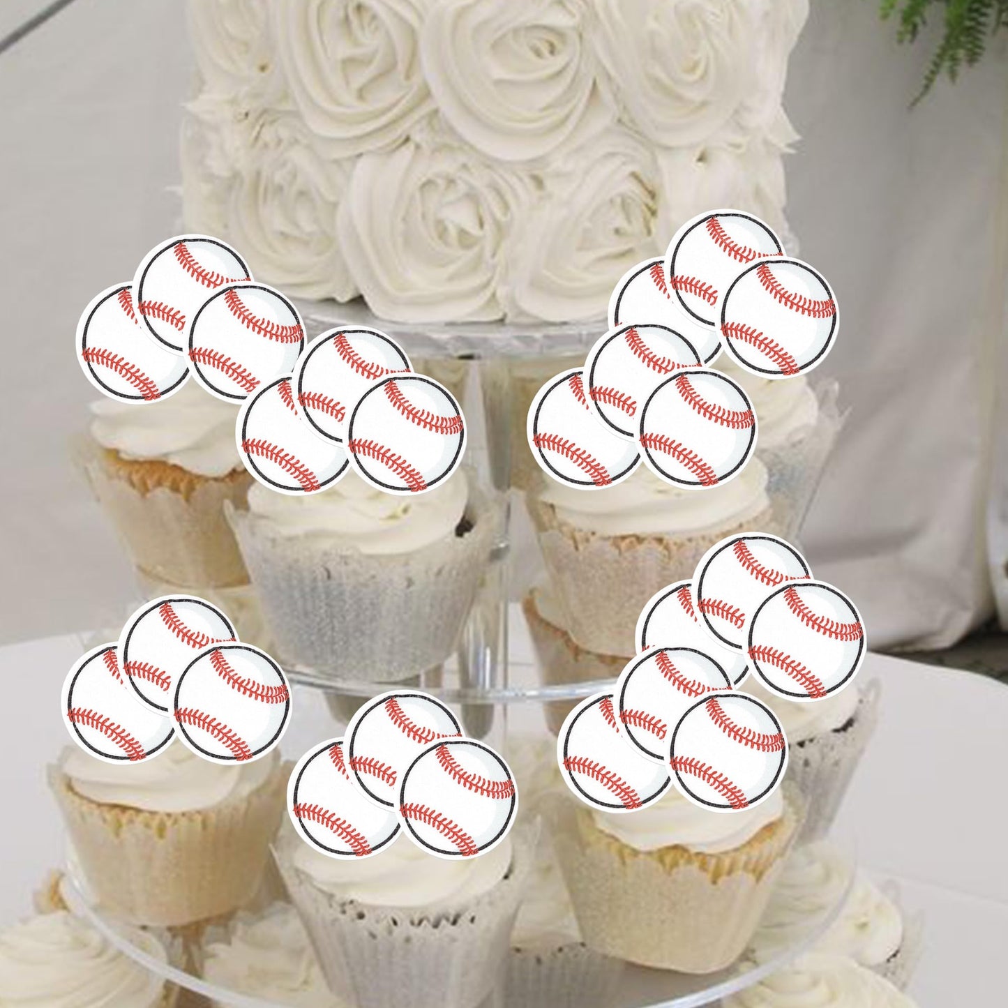 Rssta i 48 Pack Edible Baseball Cupcake Toppers - Sport Ball Theme, 1.3x1.3 inch, Perfect for Kids Birthday Parties and Baby Showers