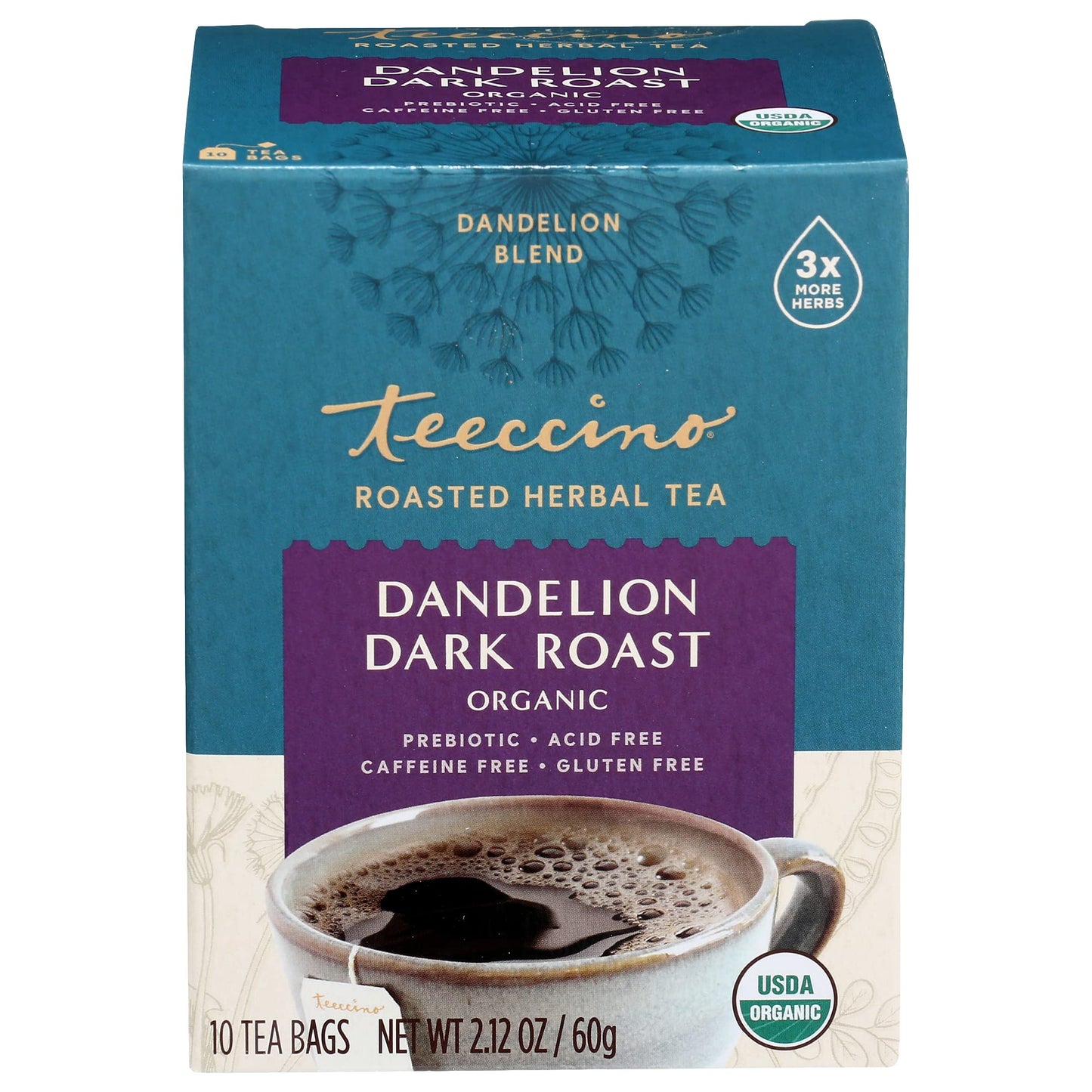 Teeccino Dandelion Dark Roast Herbal Tea - Caffeine Free, Organic, 10 Count