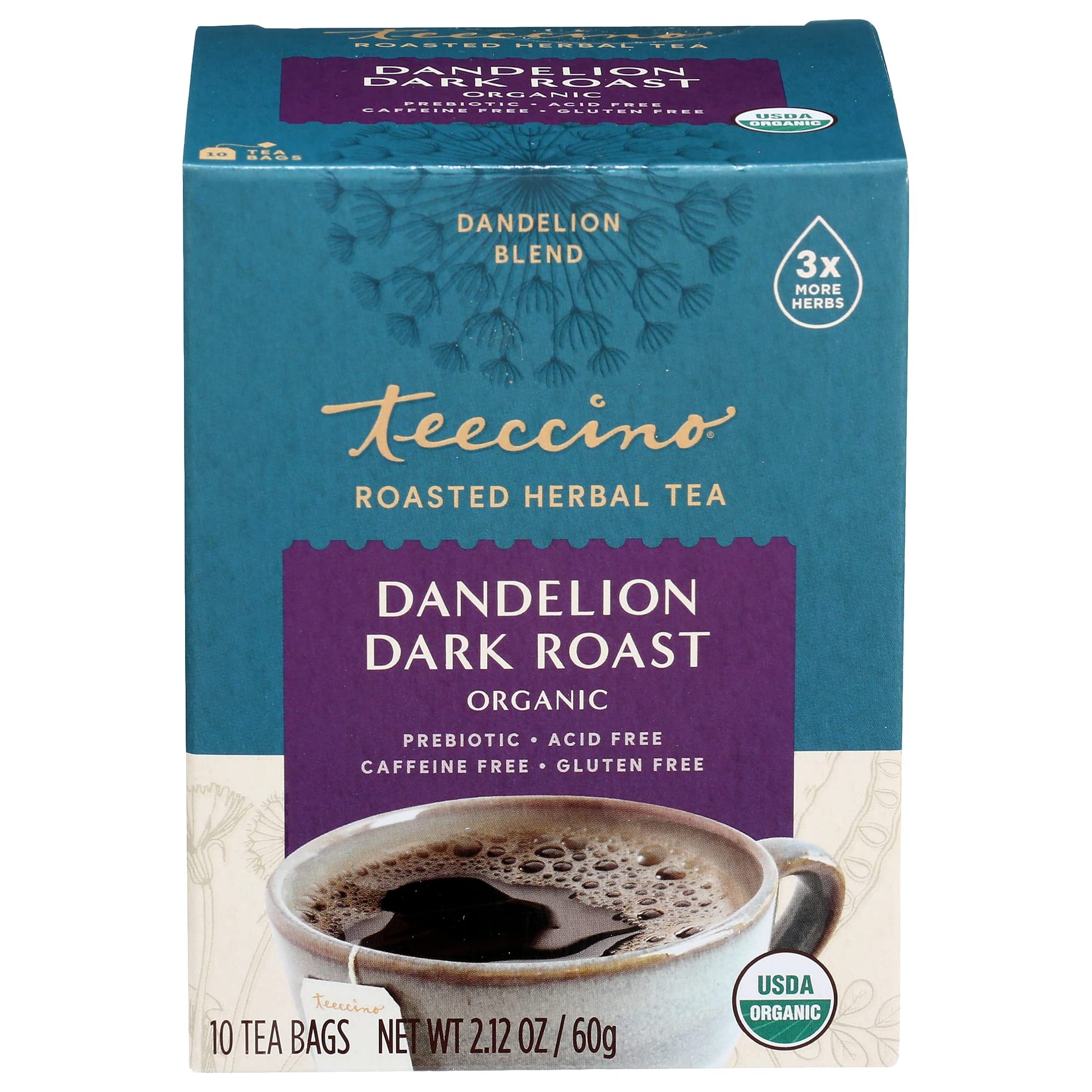 Teeccino Dandelion Dark Roast Herbal Tea - Caffeine Free, Organic, 10 Count