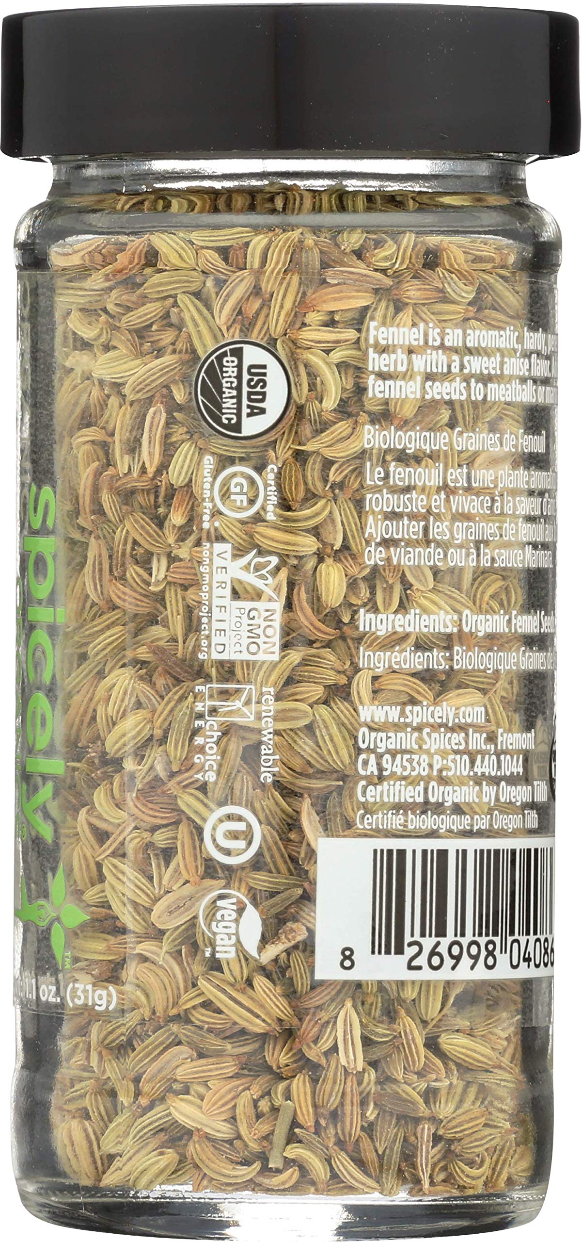 Spicely Organic Fennel Seeds Whole 1.10 Ounce Jar Certified Gluten Free