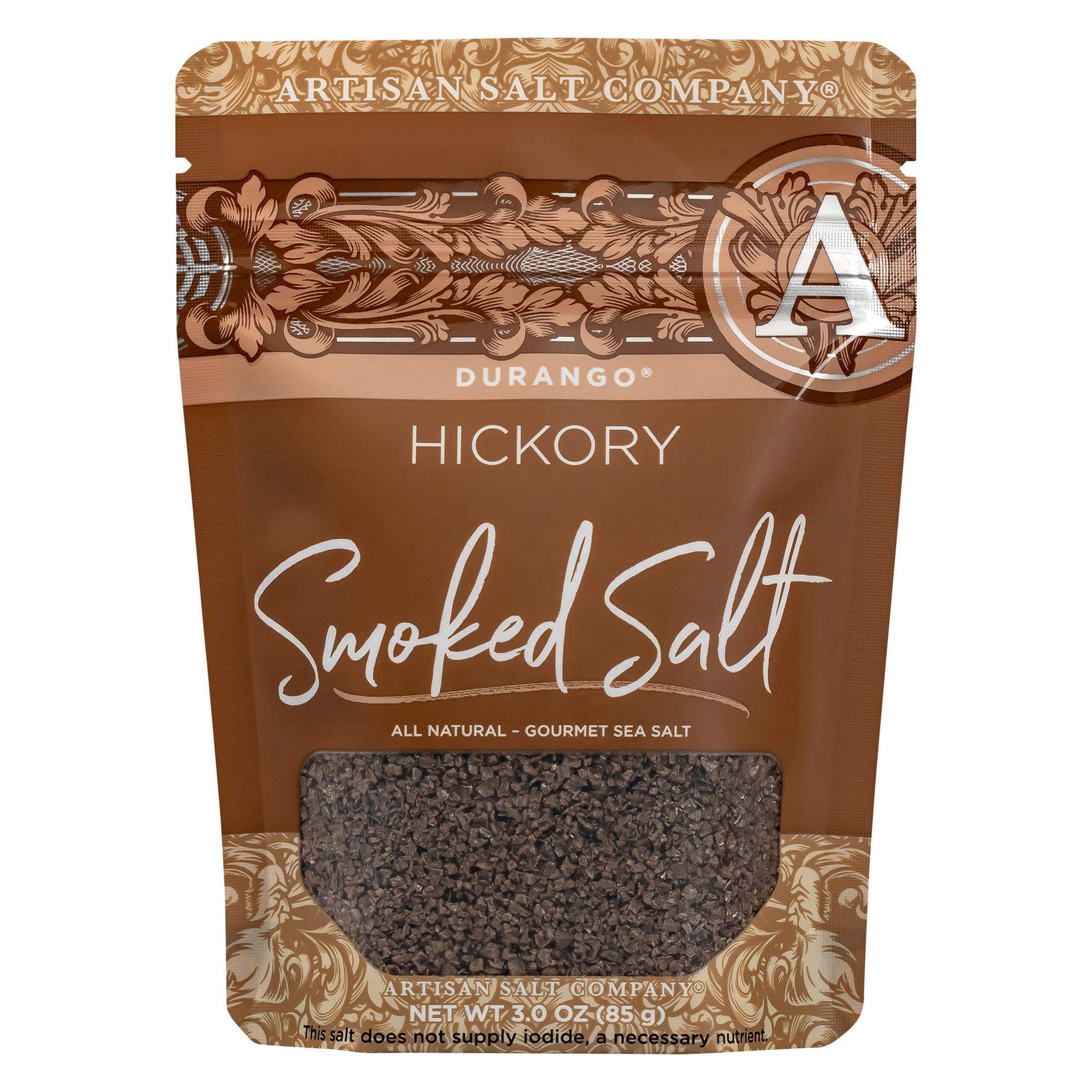 SaltWorks Artisan Hickory Smoked Sea Salt, 3 Ounce Zip-Top Pouch, Light to Medium Brown
